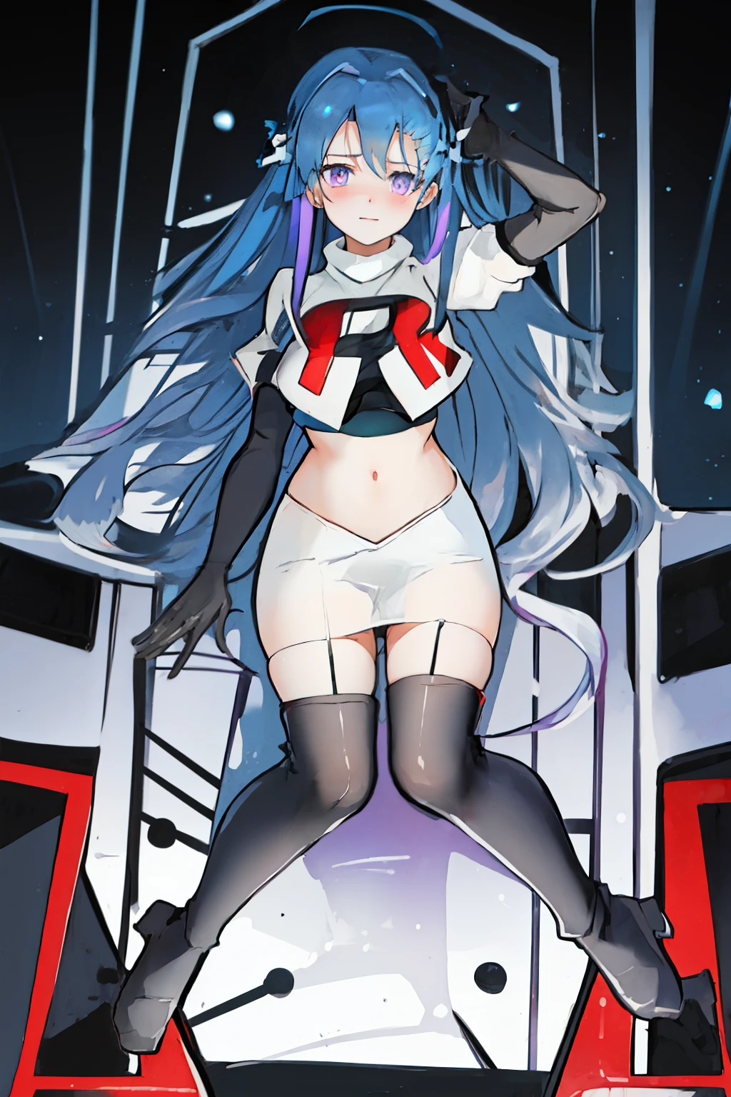 best quality, masterpiece, highres, solo, {helena_azurlane:1.15}, blue_hair, long_hair, ahoge, purple_eyes, breasts, blush, bangs, hair_ornament, medium_breasts, hair_between_eyes, 1girl, looking_at_viewer, large_breasts, team rocket,team rocket uniform,white skirt,red letter R,crop top,black thigh-highs,black elbow gloves