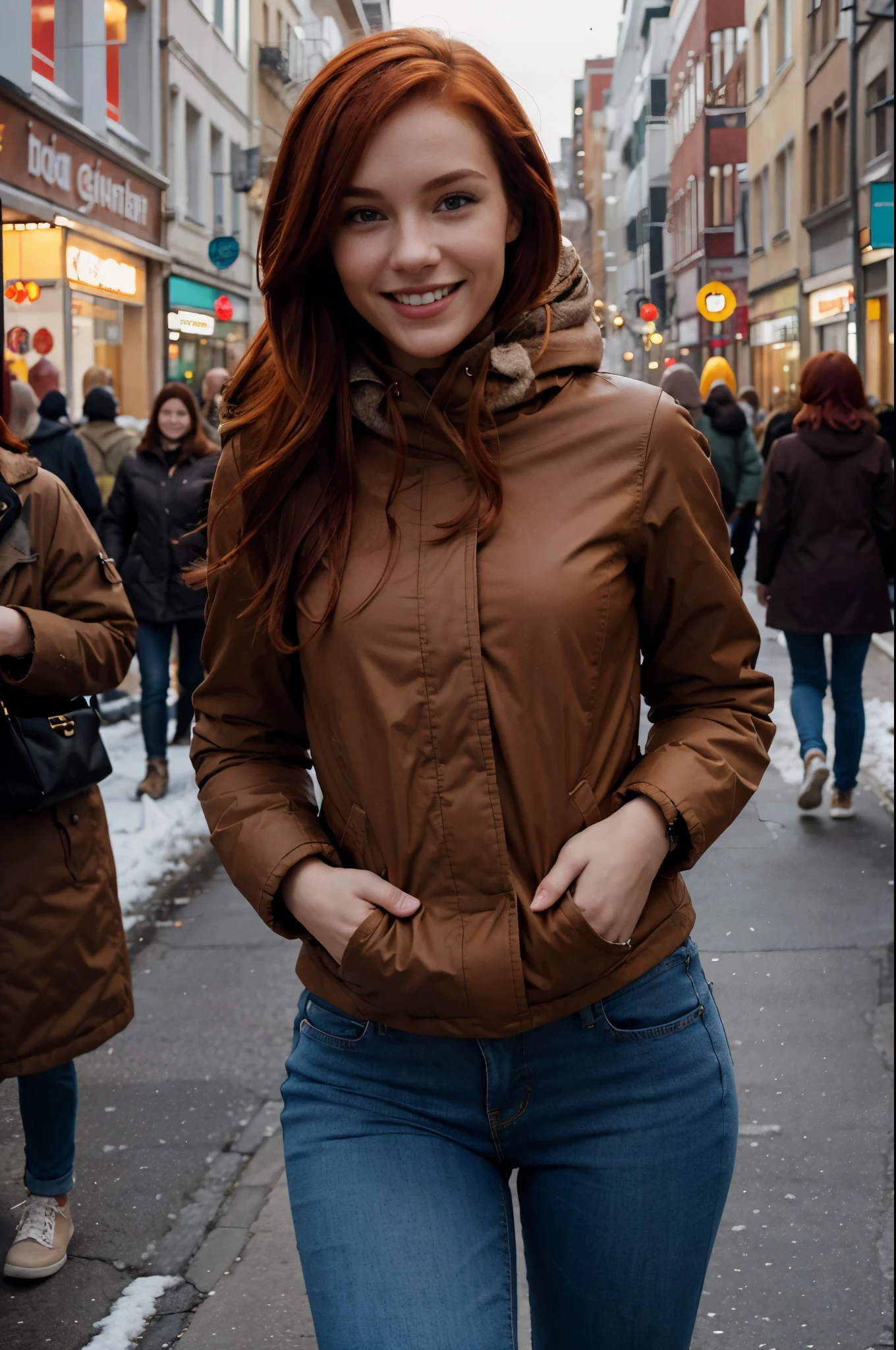 portrait of a young woman with red hair, great body, smiling, wearing winter clothing and tight jeans and a brown closed parka, walking through a lightly crowded street, 