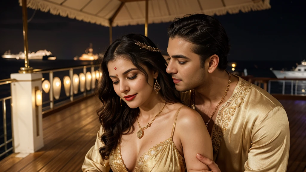 night scene from side view, sea view, night time, extreme close up photo of young muscular man grabbing vedhika from behind who is wearing a golden colour satin full length lace border bridal nighty with a satin robe, hugging a man, big cheeks, woman is wearing satin nighty man is shirtless, hourglass figure, deep cleavage, romancing each other in a ship deck in sea, showing armpits, red lips, necklace, sultry, look at viewer and smile, (cinematic:1.3), intricate details, (ArtStation:1.2)