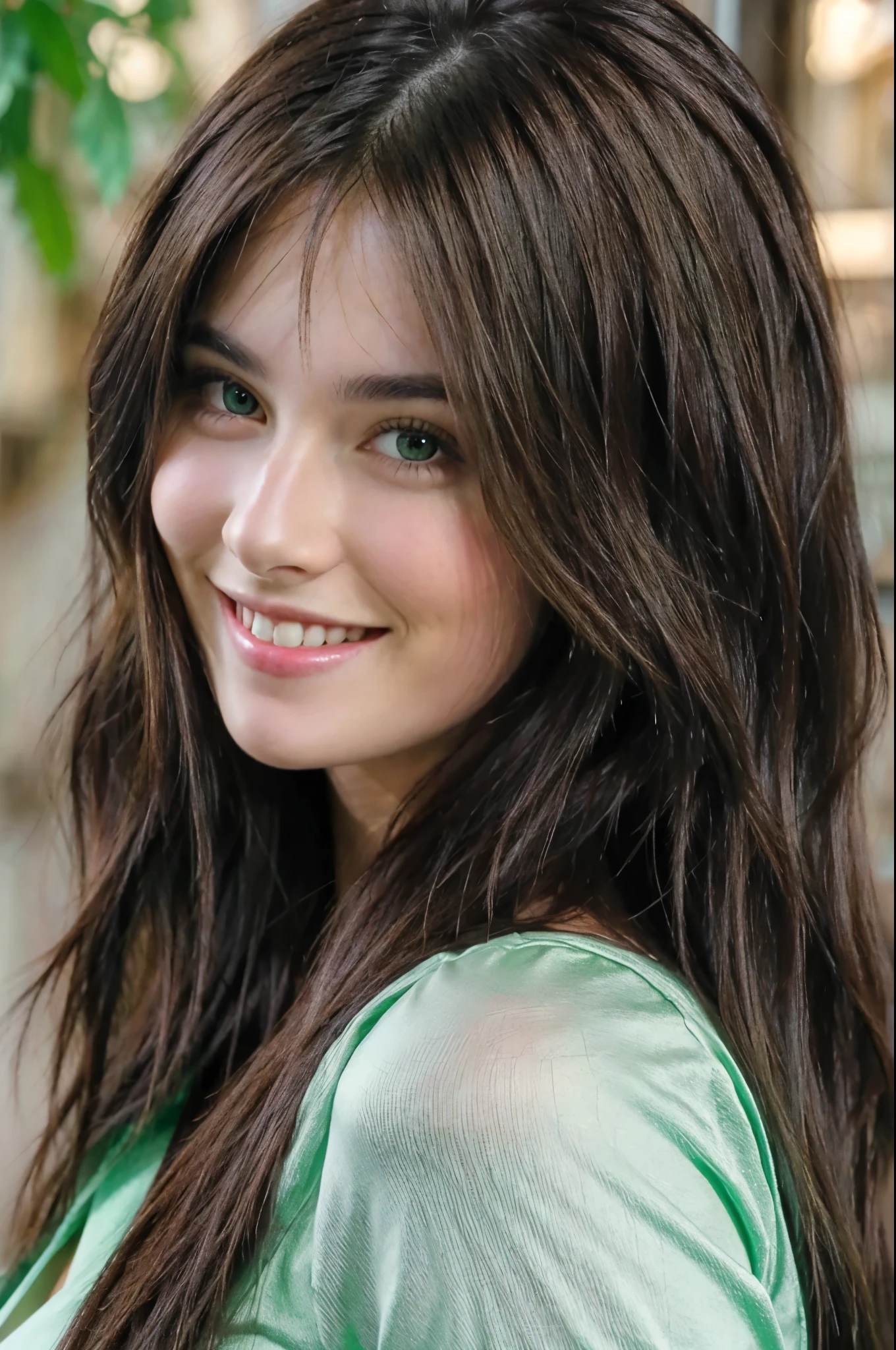 Beautiful brunette smiling, green eyes, long hair, front face