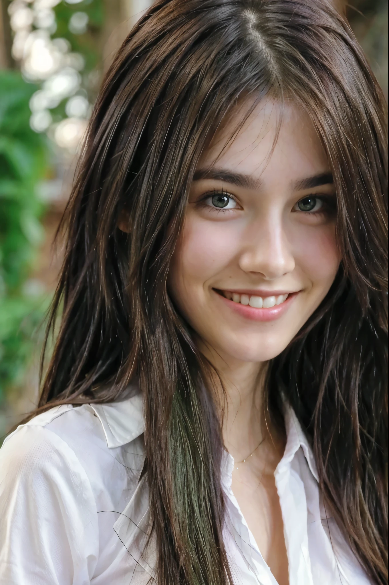 Beautiful brunette smiling, green eyes, long hair, front face
