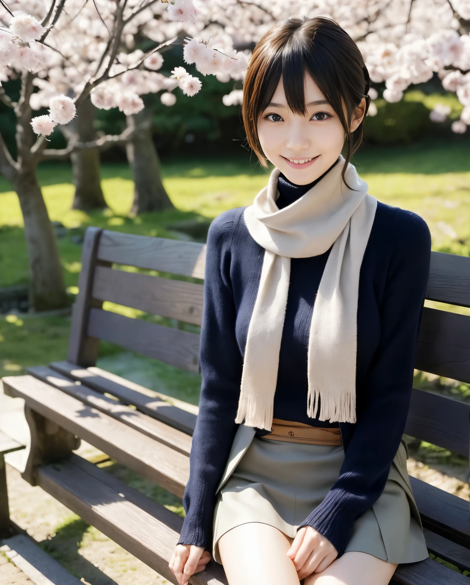 anatomically correct,Masterpiece of,High image quality,((Japan hair)),((natural smile)),((hair is blowing in the wind)),super detail、High quality textures、intricate details、detailed、非常detailedなCG、High quality shadows、Detail beautiful delicate face、Detail beautiful delicate eyes、Depth of the bounds written、Ray tracing,1 girl, japanese girl, cute type, slender,An arafi woman wearing a scarf and sitting on a park bench, Turtleneck knitwear、mini skirt、japanese girl, Japan Women Fashion Models, Beautiful young Japan woman, gorgeous young japanese woman, beautiful japanese woman, japanese girl, real life anime girl, Beautiful japanese girl, japanese model, 美しいjapanese girlの顔, young asian girl