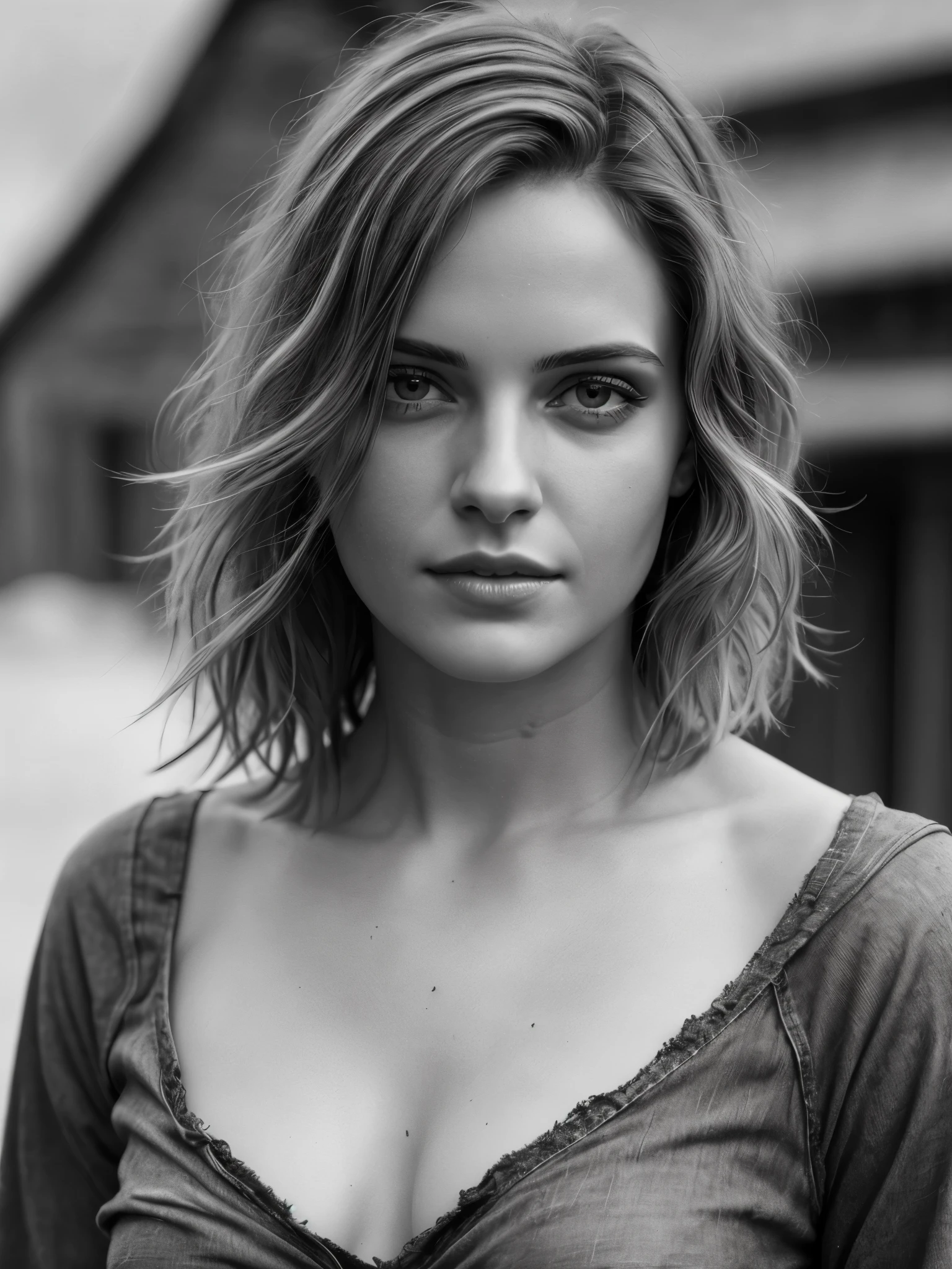 Photorealistic, masterpiece grayscale photo, woman with messy hair and poor tattered clothes, cute sexy, (detailed medieval background), ultra sharp focus, detailed face, (((posing))), random hair color, short hair, beautiful eyes, full body, high quality black and white image