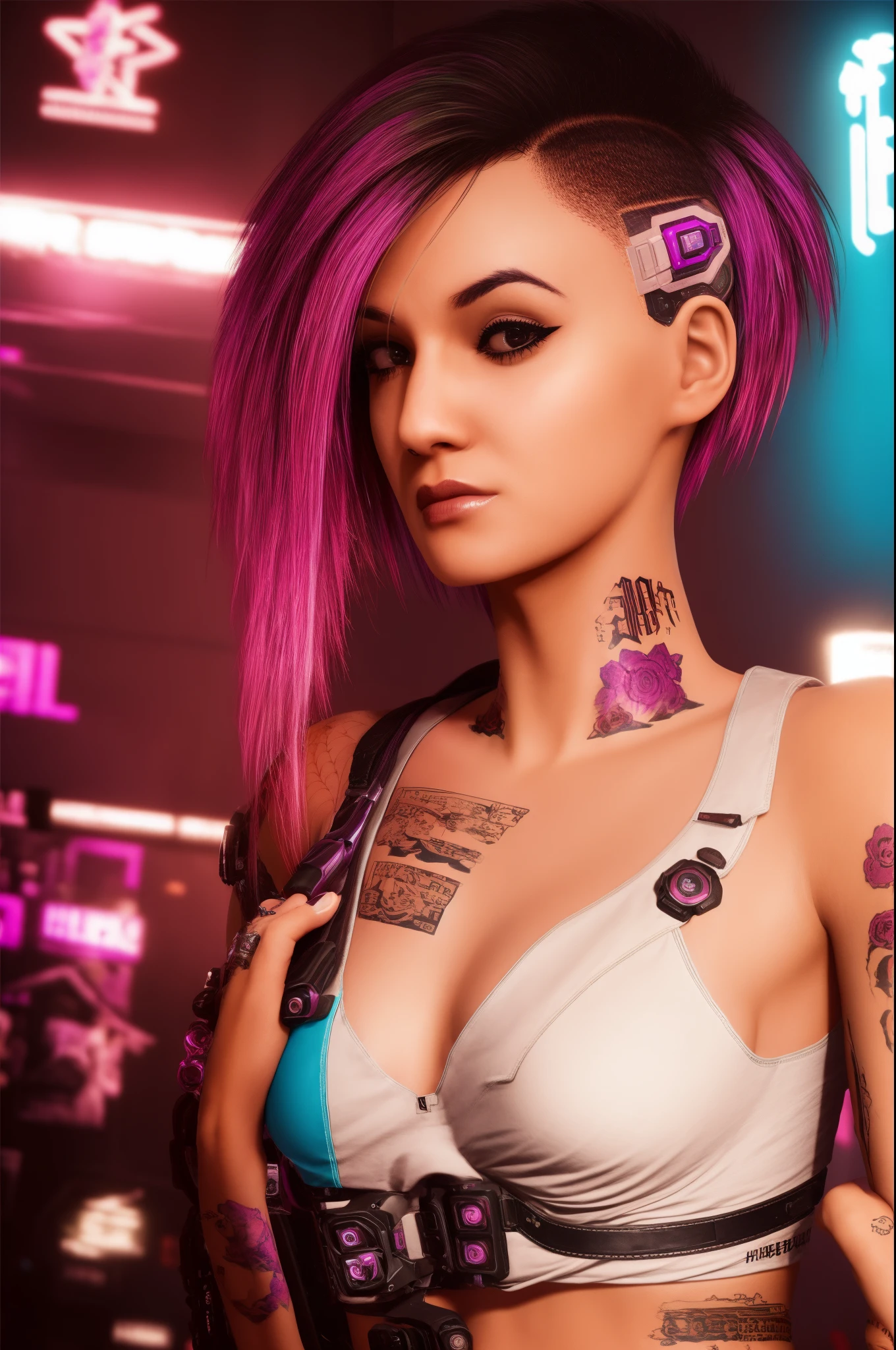 a close up of a woman with pink hair and piercings, cyberpunk vibe, cyberpunk look, cyberpunk vibes, cyberpunk style color, cyberpunk style, dreamy cyberpunk girl, in cyberpunk style, cyberpunk beautiful girl, cyberpunk girl, in cyber punk 2077, cyberpunk 2 0 y. o model girl, cyberpunk vibrant colors, has cyberpunk style, beautiful cyberpunk girl face