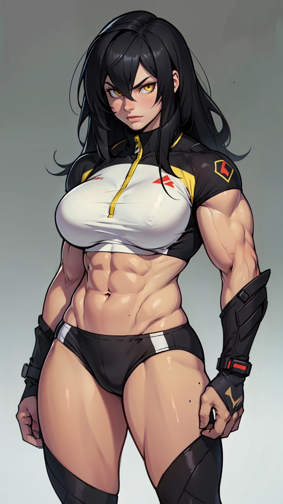 girl solo standing (((muscular girl toned body large breasts thick))) yellow eyes black hair pale skin perfect anatomy perfect anatomy perfect anatomy best quality best quality