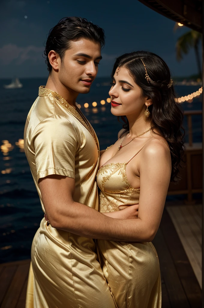 night scene from side view, sea view, night time, extreme close up photo of young muscular man grabbing vedhika from behind who is wearing a golden colour satin full length lace border bridal nighty with a satin robe, hugging a man, big cheeks, woman is wearing satin nighty man is shirtless, hourglass figure, deep cleavage, romancing each other in a ship deck in sea, showing armpits, red lips, necklace, sultry, look at viewer and smile, (cinematic:1.3), intricate details, (ArtStation:1.2)