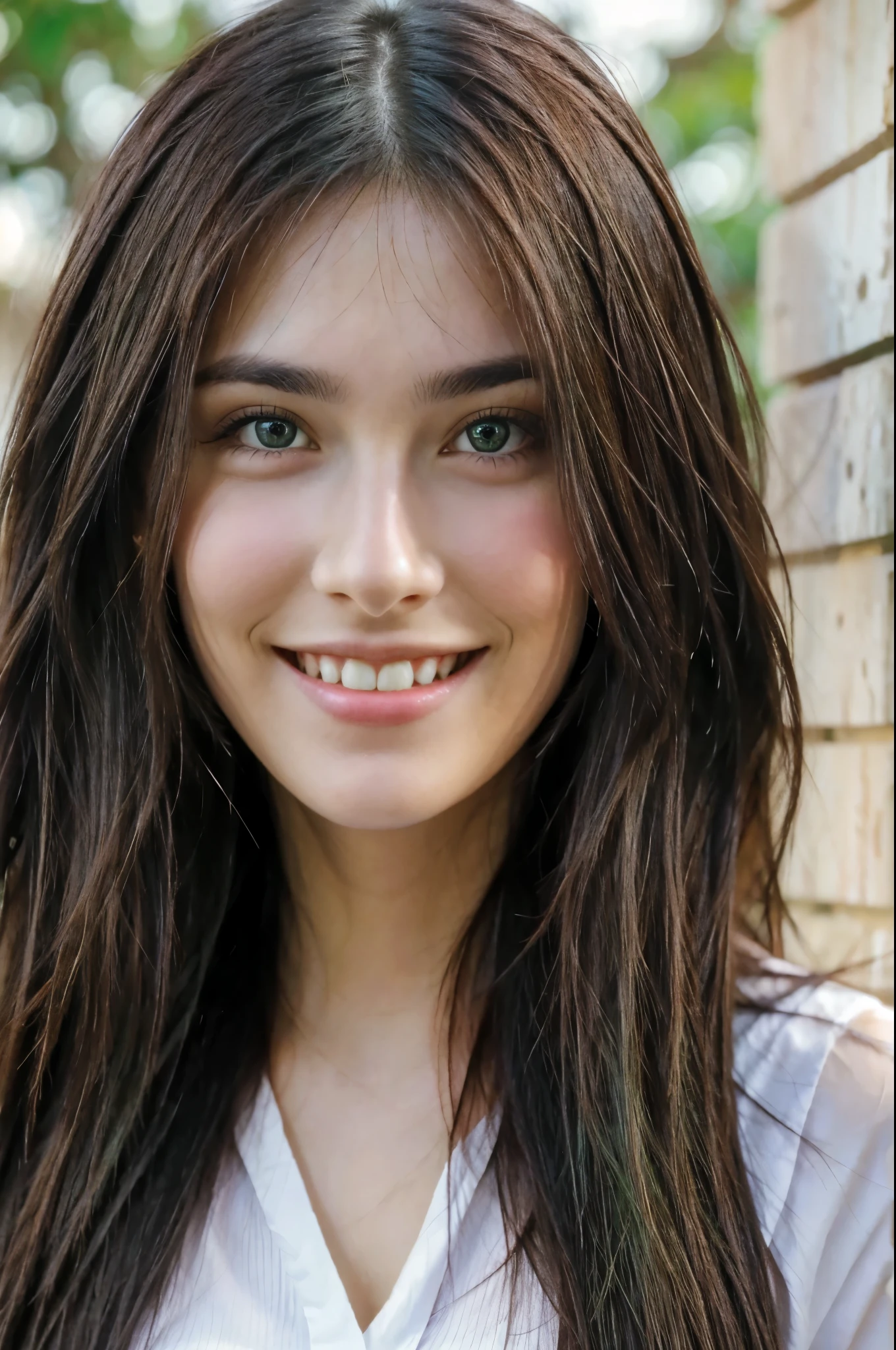 Beautiful brunette smiling, green eyes, long hair, front face