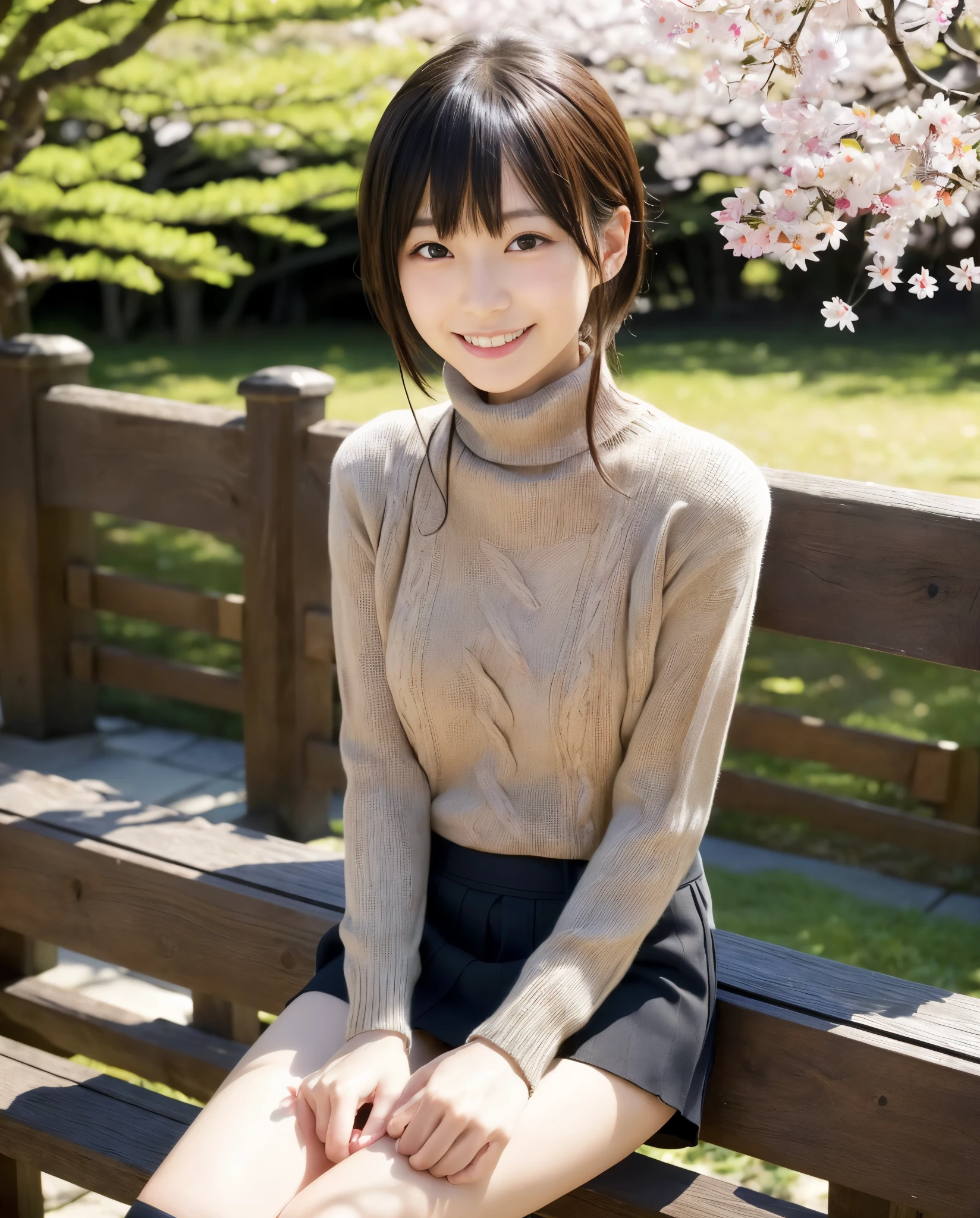 anatomically correct,Masterpiece of,High image quality,((Japan hair)),((natural smile)),((hair is blowing in the wind)),super detail、High quality textures、intricate details、detailed、非常detailedなCG、High quality shadows、Detail beautiful delicate face、Detail beautiful delicate eyes、Depth of the bounds written、Ray tracing,1 girl, japanese girl, cute type, slender、An elderly woman sitting on a bench in the park, Turtleneck knitwear、mini skirt、japanese girl, Japan Women Fashion Models, Beautiful young Japan woman, gorgeous young japanese woman, beautiful japanese woman, japanese girl, real life anime girl, Beautiful japanese girl, japanese model, 美しいjapanese girlの顔, young asian girl