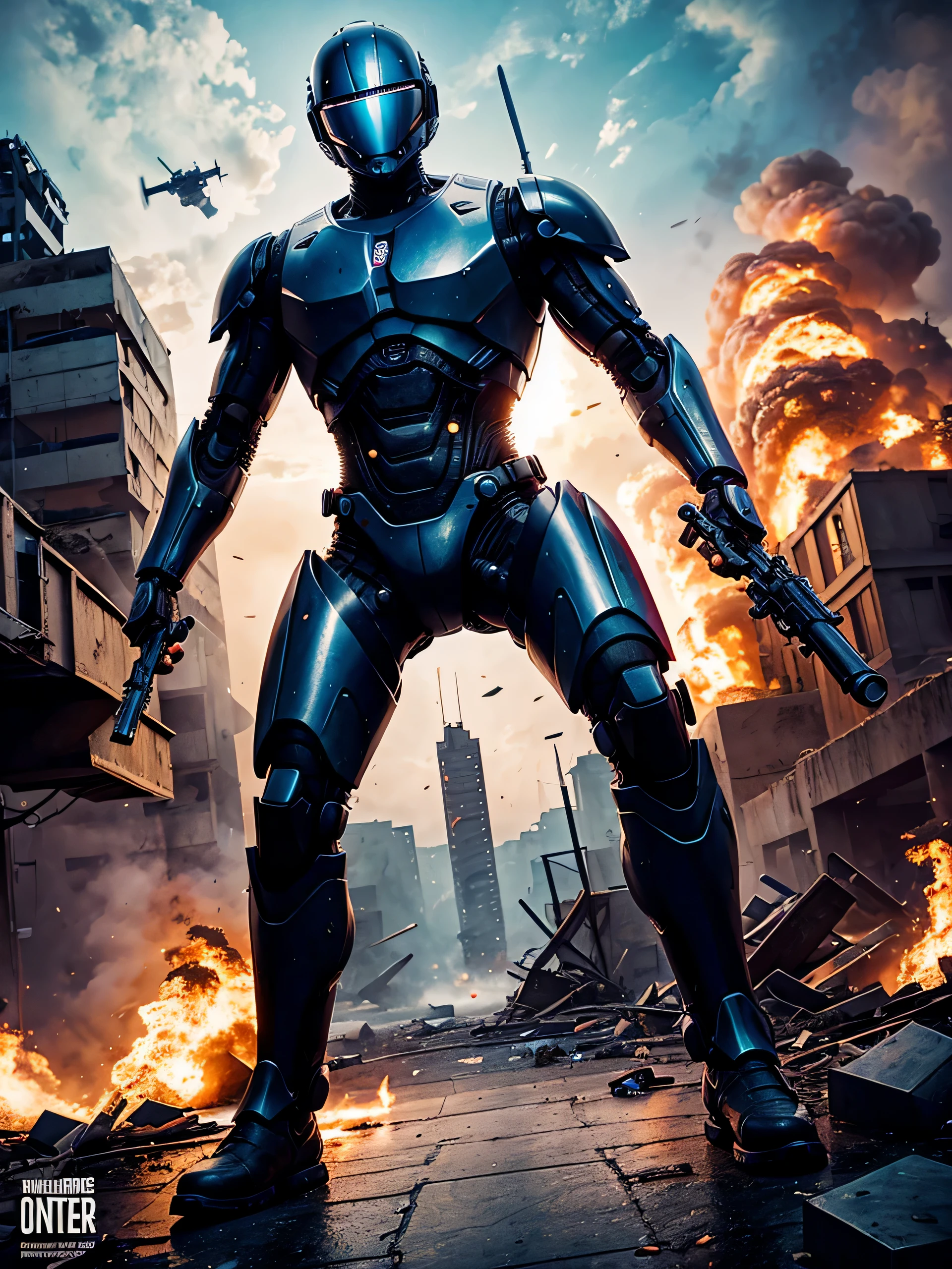 capacete completo, cyborg robocop mechanic, com arma, Corpo todo, em ruinas, on the film poster. explosions.