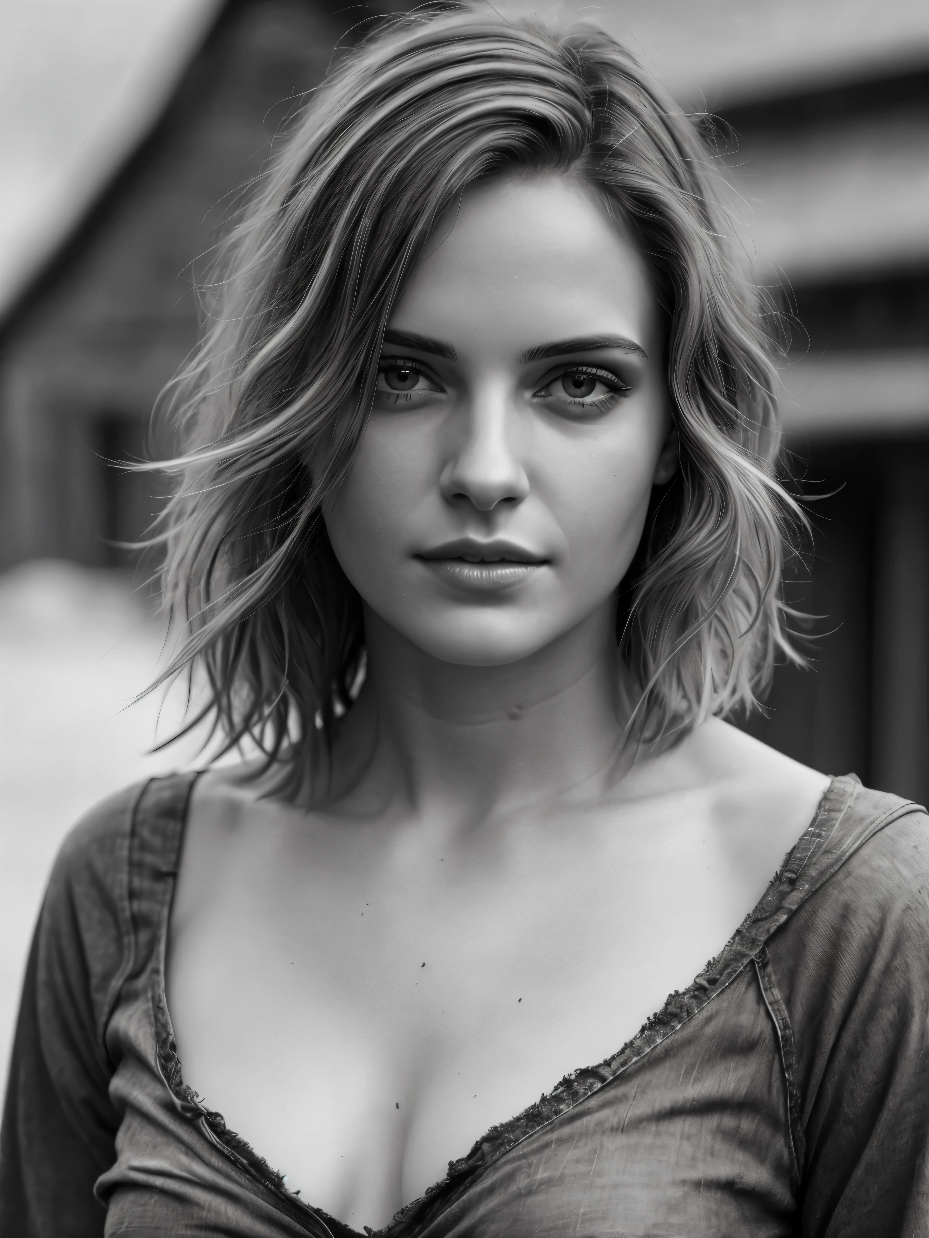 Photorealistic, Masterpiece photo in shades of gray, woman with disheveled hair and bad torn clothes, Sweet sexy, (detailed medieval background), Ultra sharp focus, detailed FACE, (((posing))),  random hair color, Short hair, beautiful eyes, whole body, high quality black and white image