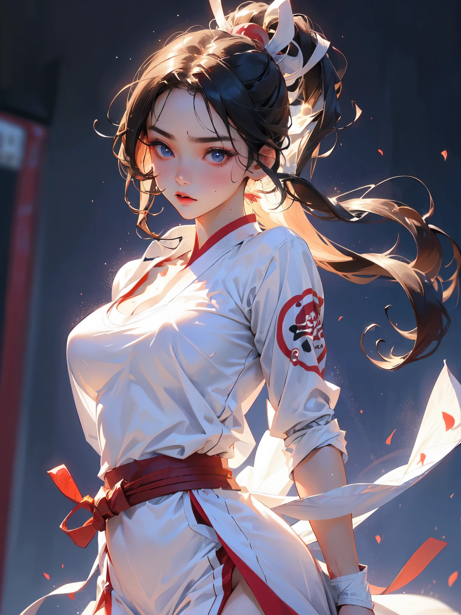 high quality,hd,16k,1girl,female karate athlete,white kimono,cute face, large breasts, slender body, delicate body, sweat,light clothing, in karate venue,focus girl,detailed beautiful face,detailed clothes,beautiful eyes,cool