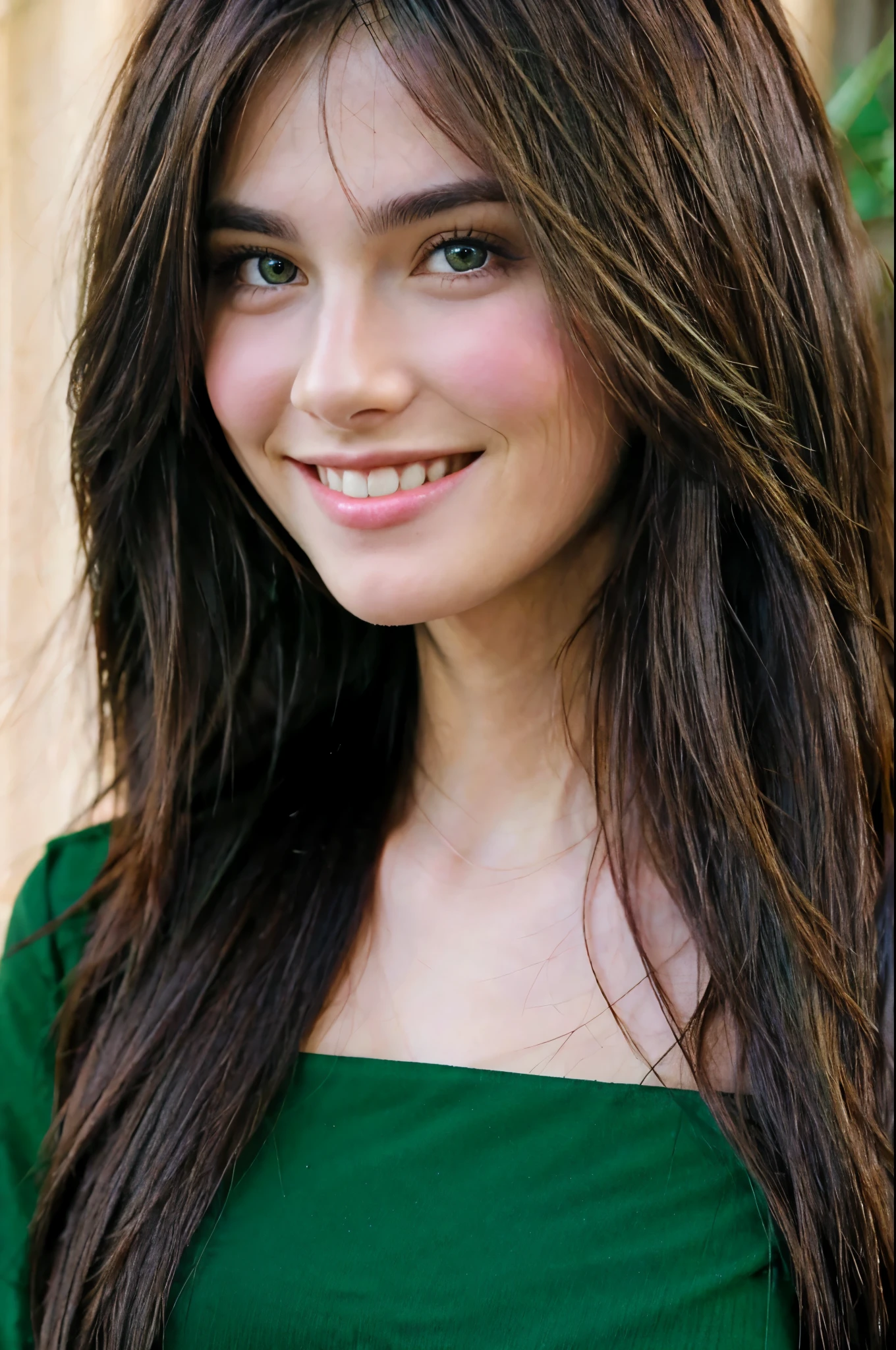 Beautiful brunette smiling, green eyes, long hair, front face