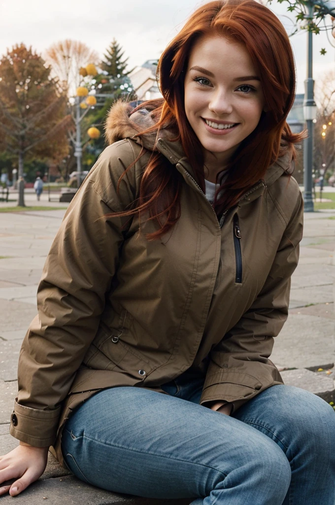 close up photo of a young woman with red hair, sexy body, smiling, wearing winter clothing and tight jeans and a brown closed parka, sitting in a lightly crowded public park
