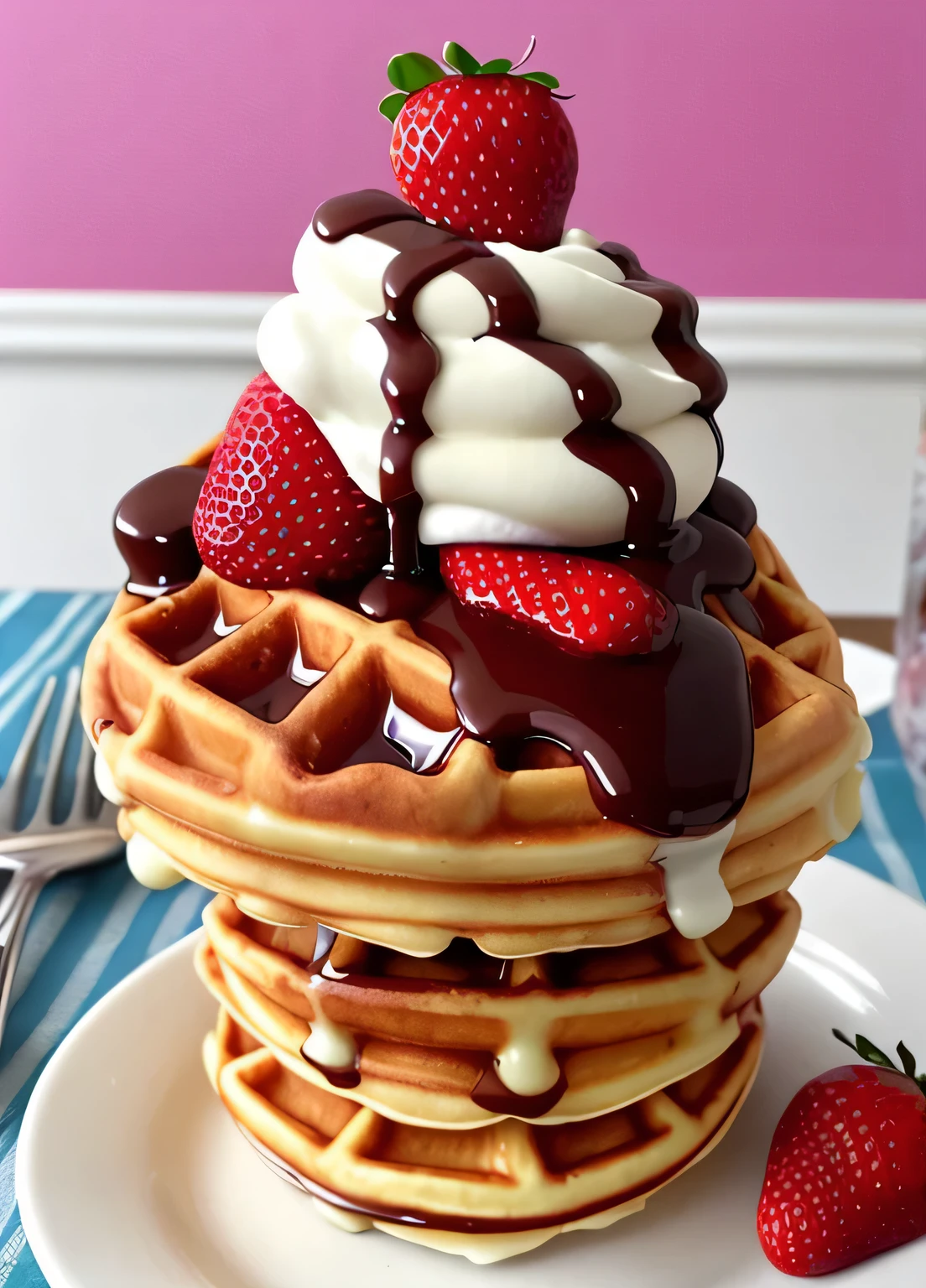 there is a waffle cone with helado and chocolate sauce on it, strawberry helado, helado cone, helado, contraventana, cono de gofre azul, helado on the side, helado cones, 🎀 🗡 🍓 🧚, existencias, 555400831, 3 4 5 3 1, syrup waffle