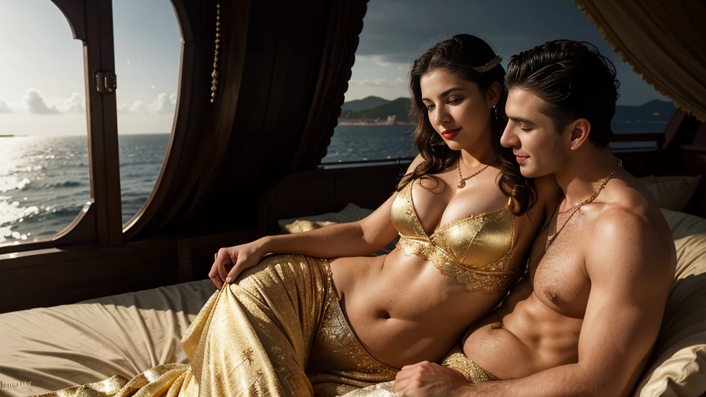 night scene from side view, sea view, night time, extreme close up photo of young muscular man grabbing vedhika from behind who is wearing a golden colour satin full length lace border bridal nighty with a satin robe, hugging a man, both laying a bed, big cheeks, woman is wearing satin nighty man is shirtless, hourglass figure, deep cleavage, romancing each other in a ship deck in sea, showing armpits, red lips, necklace, sultry, look at viewer and smile, (cinematic:1.3), intricate details, (ArtStation:1.2)