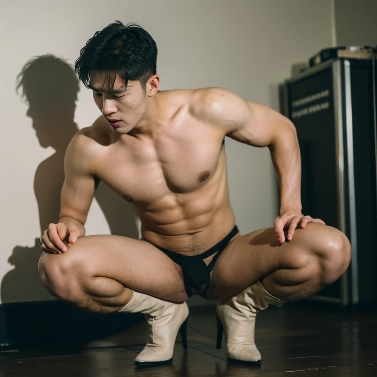 a shirtless go go boy is squatting with his legs opened and spread on the stage, trying to seduce the viewer, nightclub bar scene, correct accurate male anatomy, handsome face, (tight black leather harness around his torso, his nipples are pierced with steel ring, nude , naked , penis, cum dripping from penis , big pecs, big arms, brown short hair, (wearing black stripper boots), (high heels boots),his body is wet oiled waxy, flawless white skin, masterpiece, professional DSLR shoot and retouching, illustration art, depth of field, sharpness, shadow, highlight viewer looking, erotic look, hot look , stripper dancing , nsfw , pornographic , ((multiple people , multiple audience)) , Watching Viewers True 8K light and shadow , nsfw , (foot) , (buttock) , (puffy nipples) , (swollen nipples) , (unreal engine) ,(octane render , ultra-realistic , best quality , highly detail painting , super detail , dynamic angle , super-resolution , maxiumum clarity and sharpness , hdr) , (detail face) , (((photorealistic))) , (real man) , ((realistic photo)) ,(realistic style) , (real photo) , focus , detail , best quality, high-resolution , asian male , erotic , slutty whore , nsfw , (handsome korean man) , , (kpop idol), vivid details,hyperrealistic,beautiful background,octane rendering,best quality,masterpiece, extremely detailed, computer graphics,unity,wallpapers (realistic, photorealistic: 1.37),stunning,fine details,masterpiece,best quality,official art, extremely detailed CG unity 8k wallpaperull Body))), ((Correct body structure)), (((Correct dissection))), perfect model face , ((huge fat buttock)), (nsfw) , (erotic) , (erotic expressions) , (sexy slutty whore),((cum dripping from anal)), sweaty , wet,nasty bitch,(handsome man), pointy nipples , gluteal fold, buttock