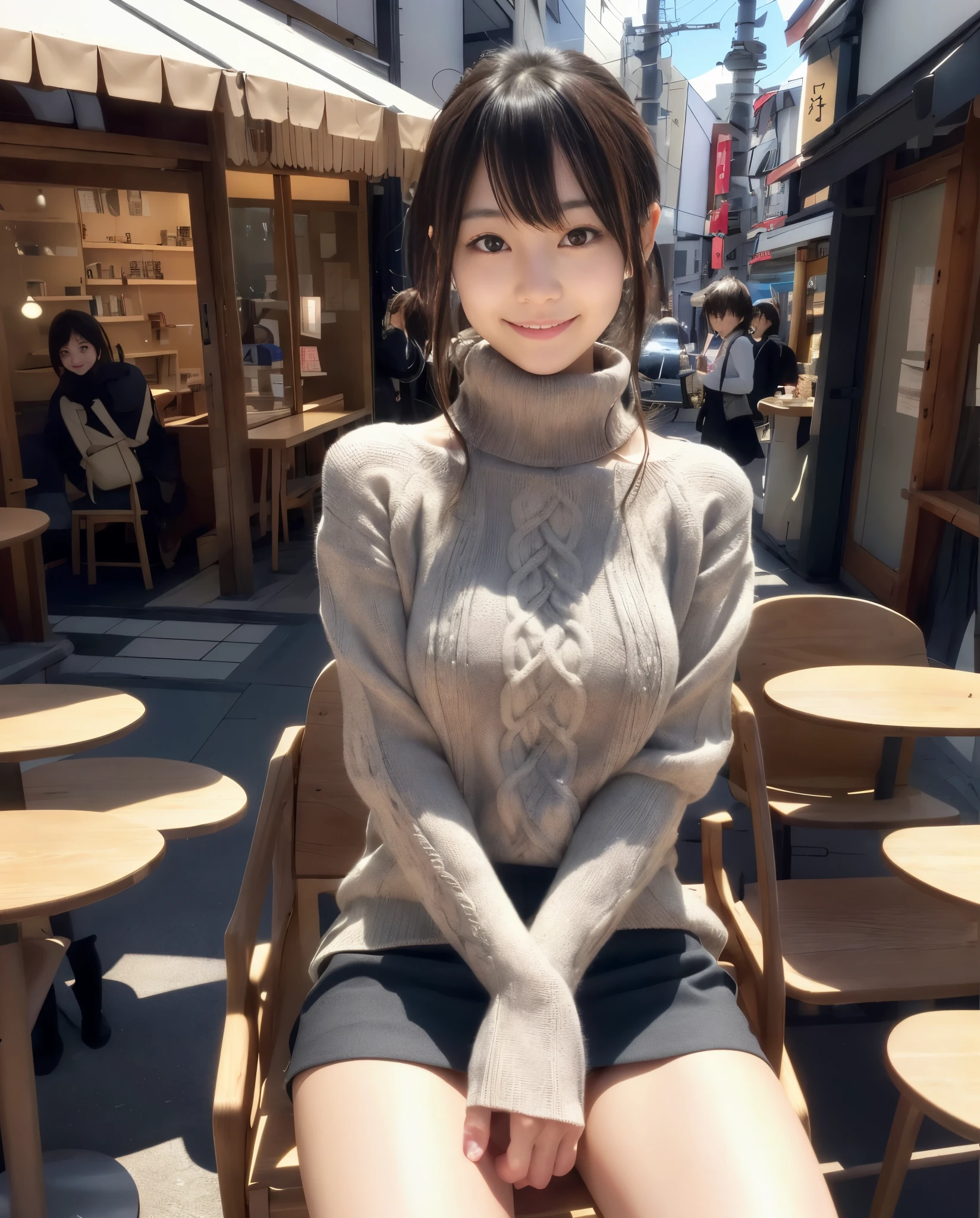anatomically correct,Masterpiece of,High image quality,((Japan hair)),((natural smile)),((hair is blowing in the wind)),super detail、High quality textures、intricate details、detailed、非常detailedなCG、High quality shadows、Detail beautiful delicate face、Detail beautiful delicate eyes、Depth of the bounds written、Ray tracing,1 girl, japanese girl, cute type, slender、(Scandinavian cityscape:1.4)、A woman sitting on a chair in front of a cafe, Turtleneck knitwear、mini skirt、japanese girl, Japan Women Fashion Models, Beautiful young Japan woman, gorgeous young japanese woman, beautiful japanese woman, japanese girl, real life anime girl, Beautiful japanese girl, japanese model, 美しいjapanese girlの顔, young asian girl