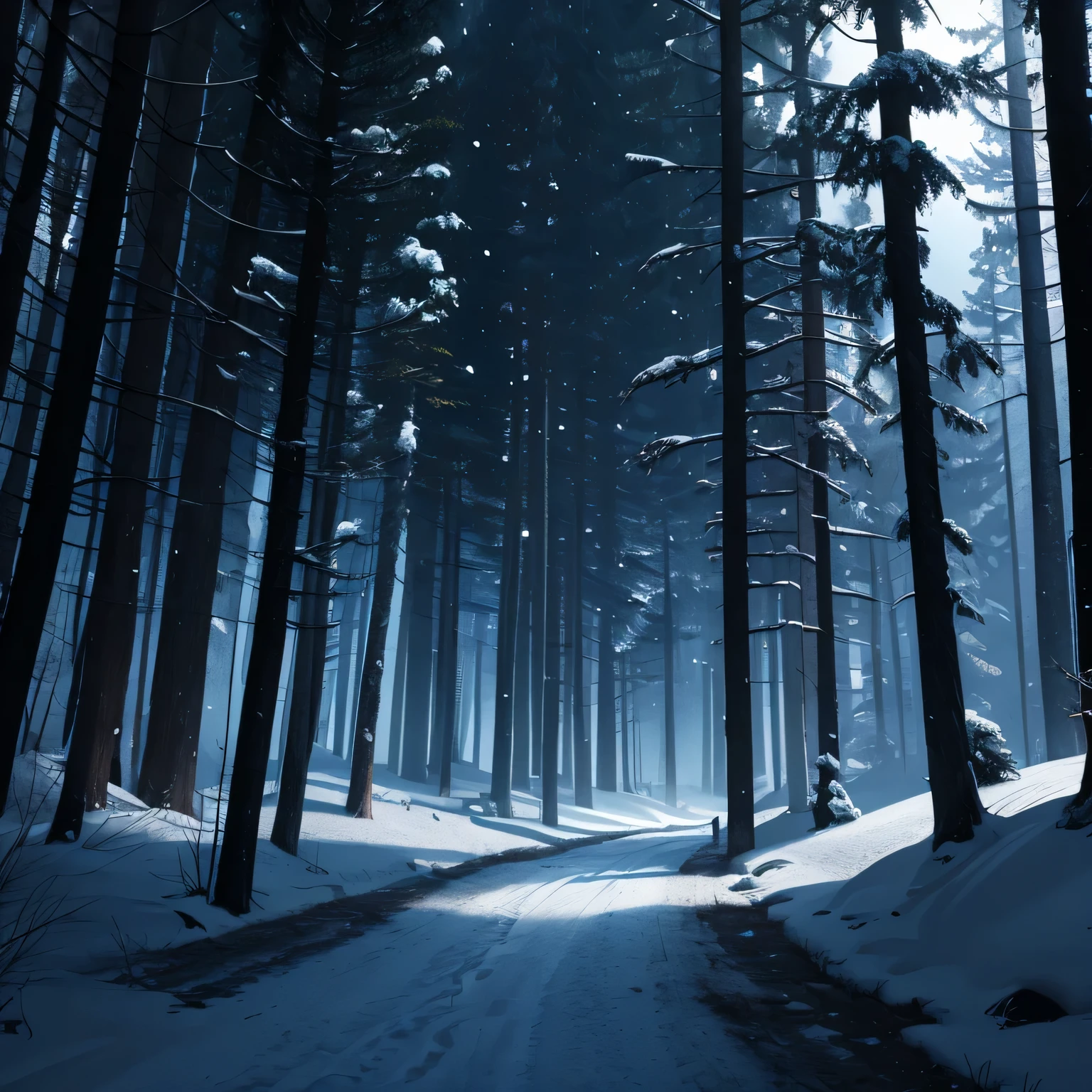 I'I'm walking through the forest in the mountains at night, blizzard, зловещаI атмосфера, first-person view