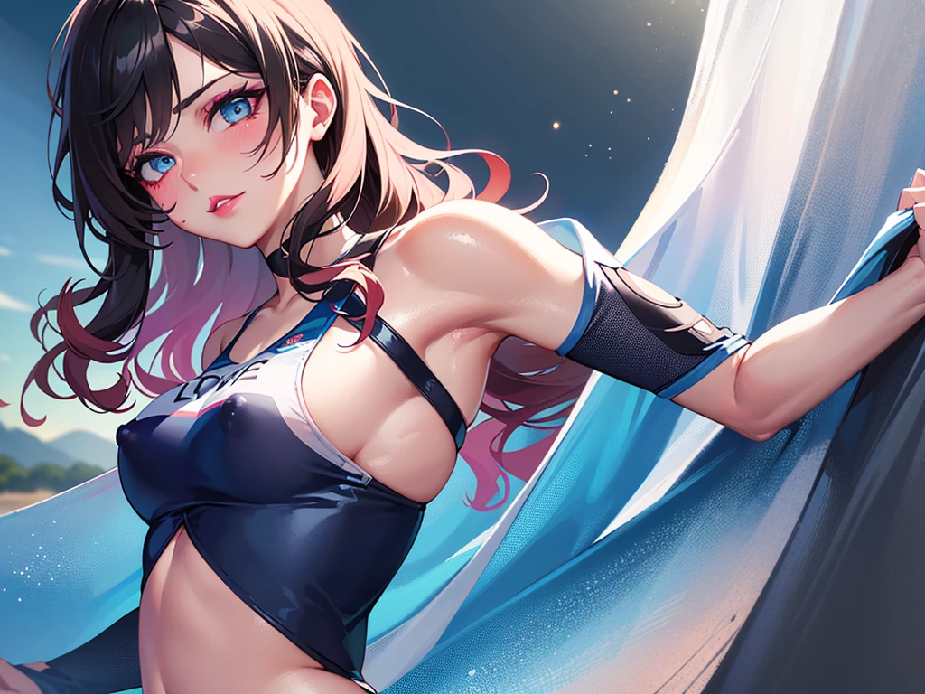 ((Beach volleyball clothes)), Cowboy Shot, No clothes、well-muscled、abdominals、Hard nipples、Seductive look, blush, outside of house, Looking at Viewer, Smaller chest, Bright natural light, (perfect detail eyes:1.2), Glowing eyes, (long curly hair:1.2), (masutepiece, Best Quality, High quality:1.4), Professional artwork, Intricate details, field of views, Sharp Focus, detailed paintings, photorealistic lighting, trending on pixiv, (Vibrant lighting, Vibrant colors:1.05), Realistic Shadows, Ambient Occlusion, (athletic bodies:1.3), infp young woman, ar old,enhe, Hyper Detail Eye, Beautiful eyes, (((Solo:1.4))), Semi-realistic hair, Ultra-detailed clothing, (((Beautiful makeup:1.3, Beautiful pink lipstick:1.3, Beautiful pink eyeshadow:1.3, Blue eyes:1.0, blac hair:1.0))), (Solo:1.4)