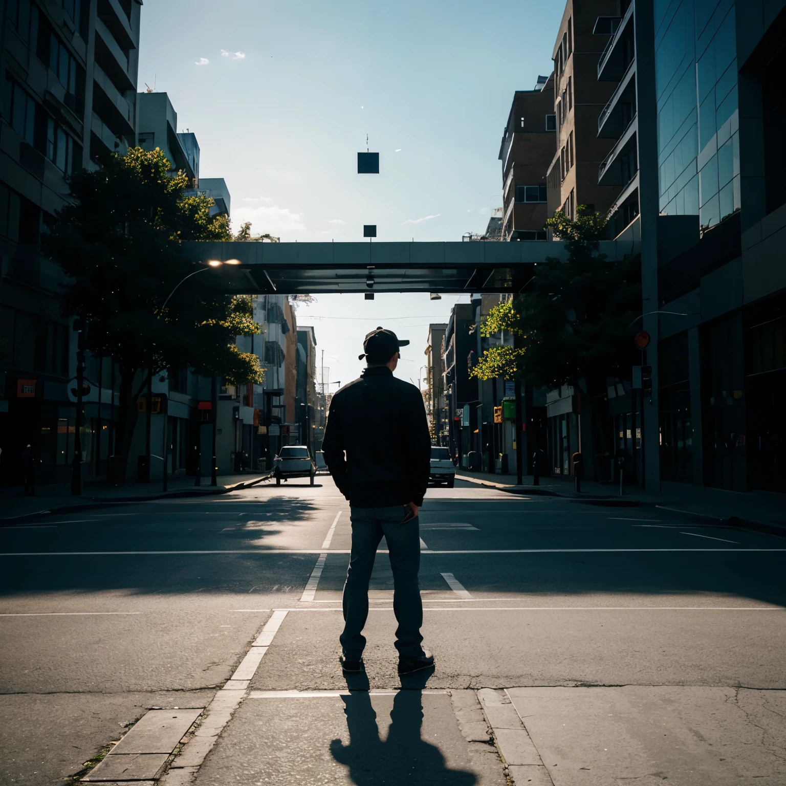 a man sees his own shadow reflection, facing away, 