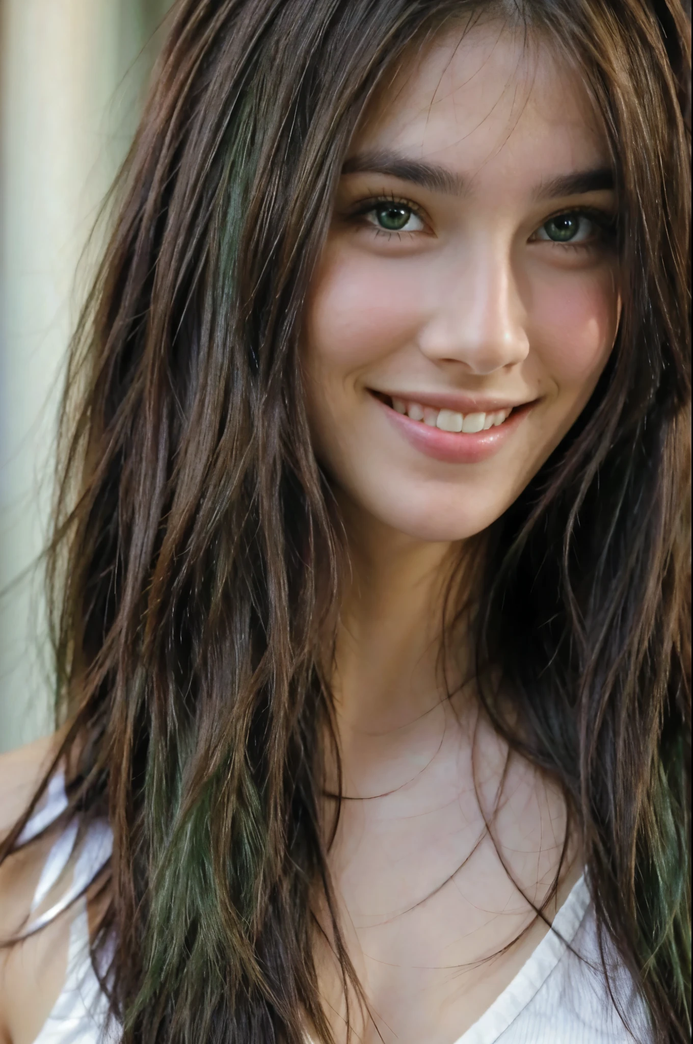 Beautiful brunette smiling, green eyes, long hair, front face