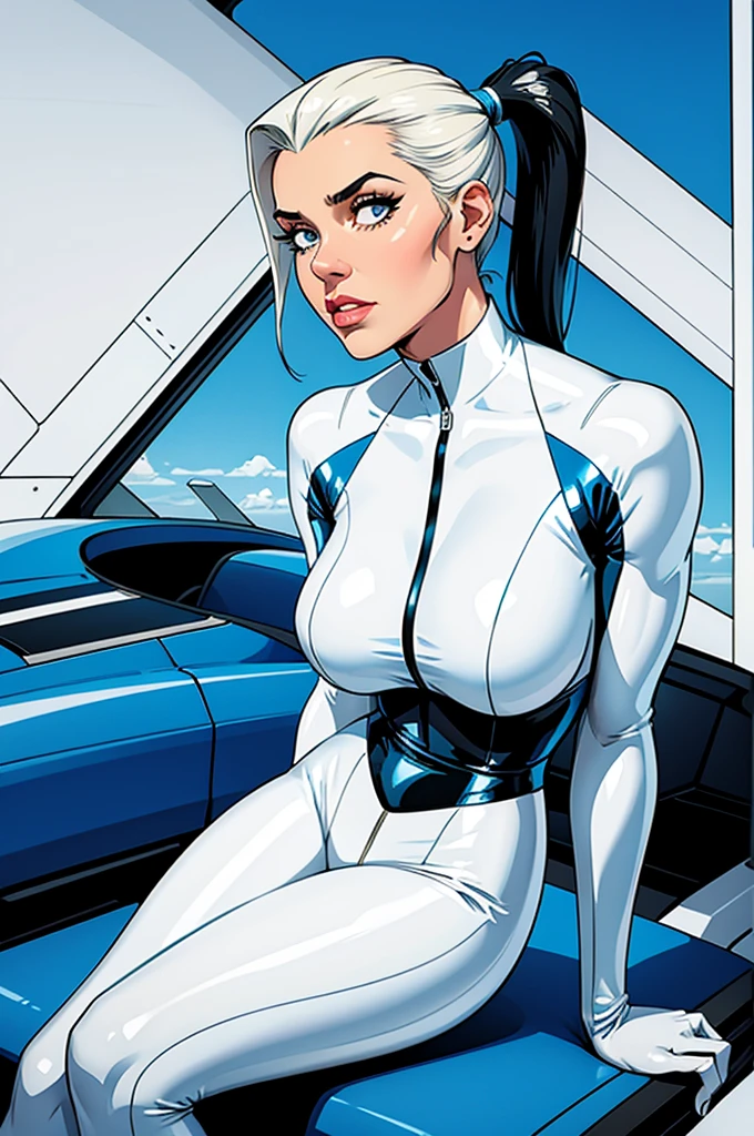 Best quality, 8K, vivid color, woman retro futurism, static pose, looking to observer, brown hair, long eyelashes, ALL WHITE shiny leotard, cleavage, metalic details, light WHITE pantyhose, neutral sci-fi scenario