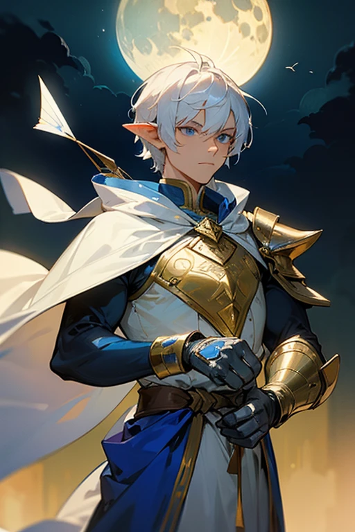 ultra-detailed, pointy ears, white hair, blue eyes, short hair, wears silver armor on his chest, on his sleeves he wears a white fabric up to his hands, wears silver bracelets on his left hand, wears a blue cape with gold decorations on his back, wears in his right hand a silver armor, holding in his hands a white bow and arrow, the cloth is the moon, a face, ethereal lighting, mystical atmosphere, vibrant colors

