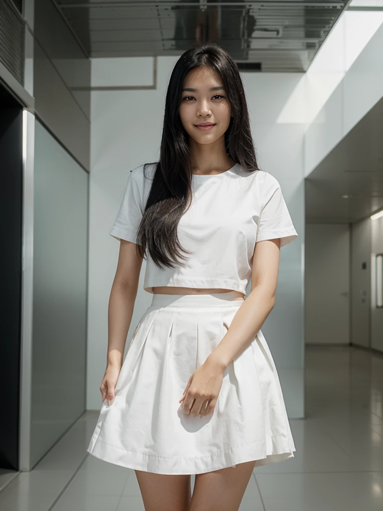 A woman with long, flowing black hair, gentle eyes, a beautiful Asian smiling face. Wear a white skirt. Standing and looking into space as far as the eye can see Dark and lonely