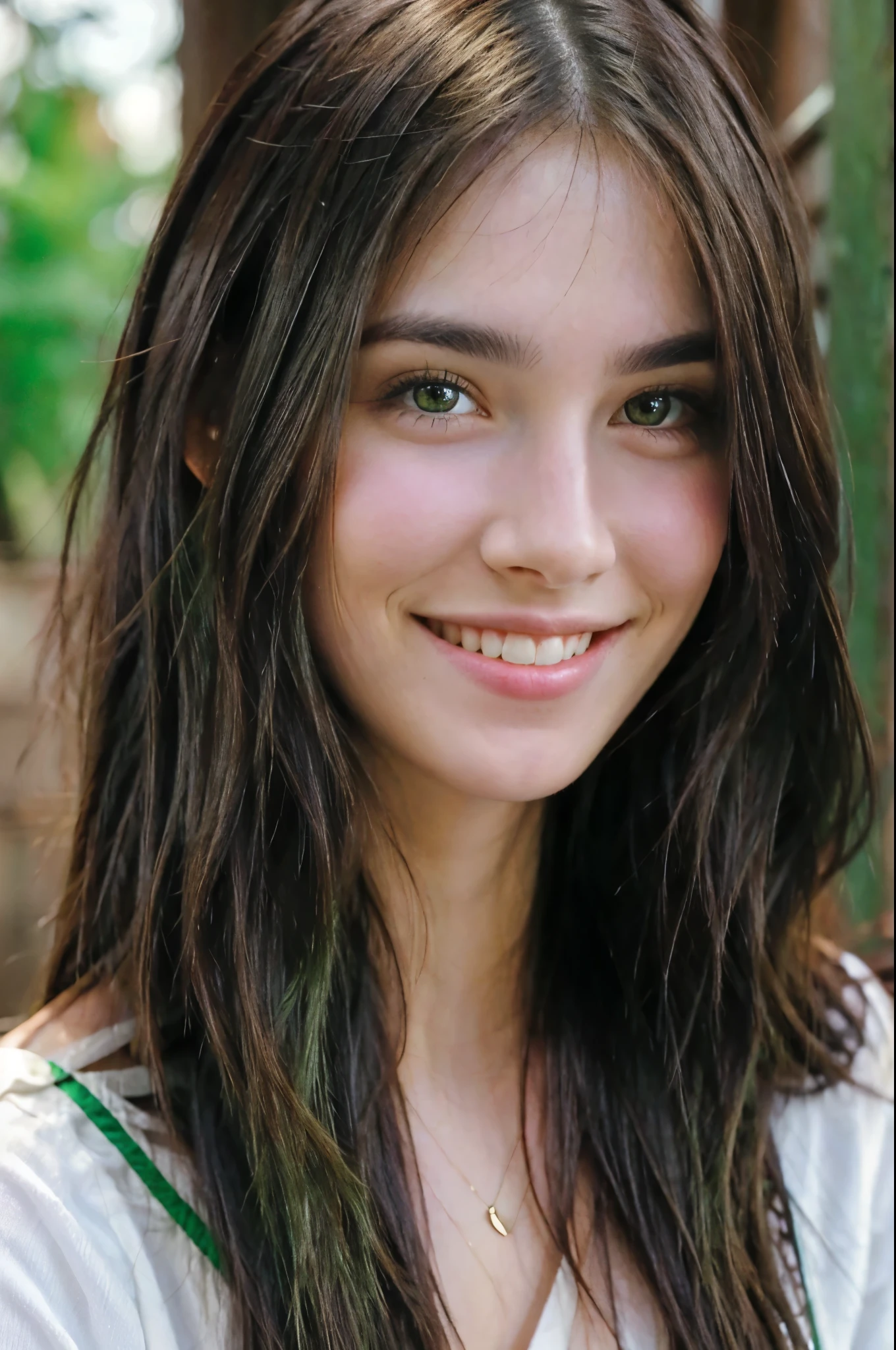 Beautiful brunette smiling, green eyes, long hair, front face