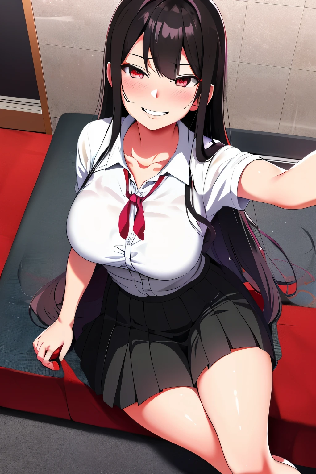 sweat, full-face blush,corruption,Red Eyes,Sparkling eyes, looking at viewer, (happy, smirk,smug, teeth,smile ),heavy breathing,Age 18 year, large breasts,black skirt,
anime girl in a short skirt and white shirt posing for a picture, an anime drawing by Jin Homura, pixiv, shin hanga, seductive anime girl, beautiful anime high school girl, smooth anime cg art, anime girl with long hair, ilya kuvshinov with long hair, realistic schoolgirl, attractive anime girl