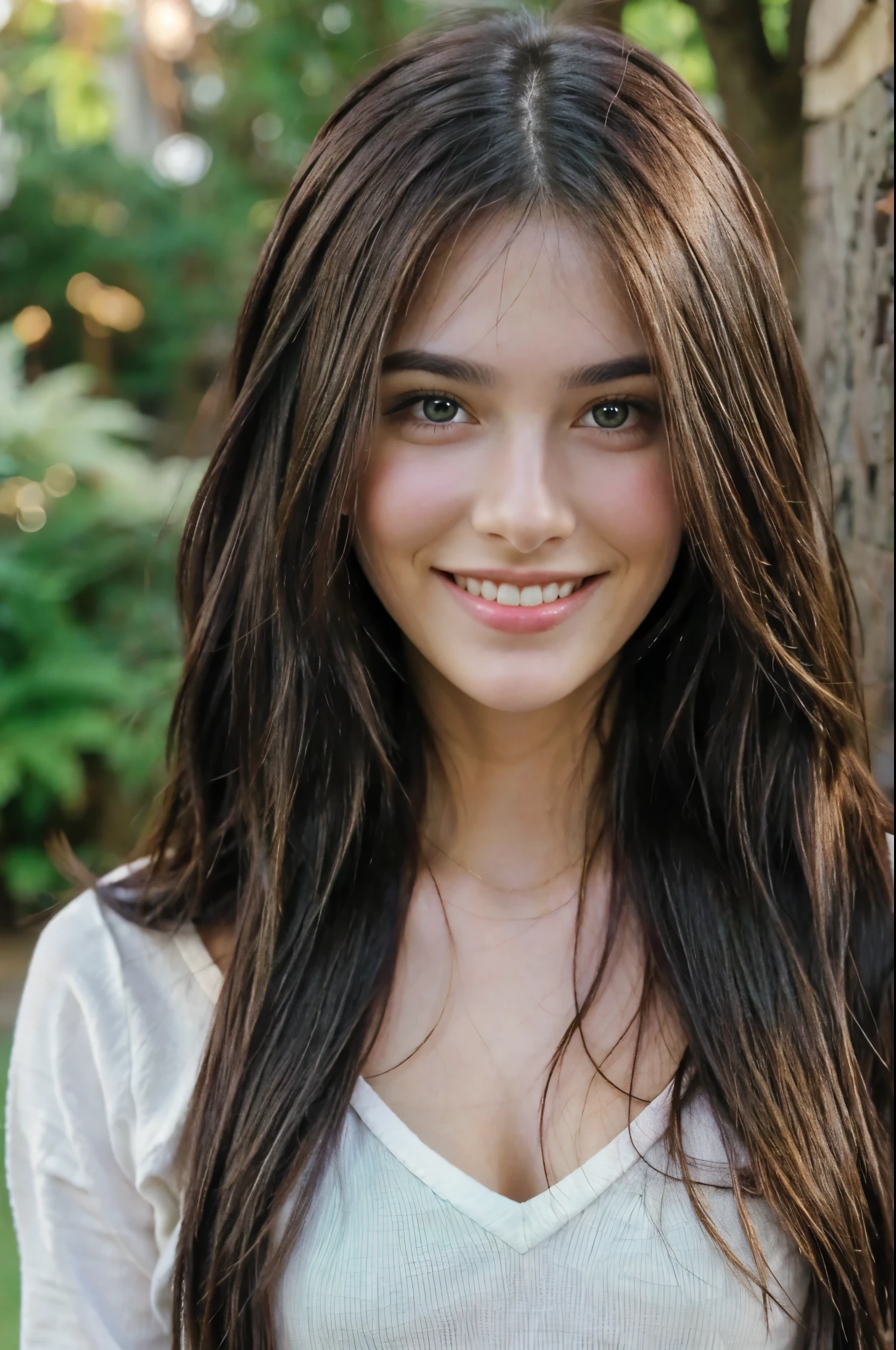 Beautiful brunette smiling, green eyes, long hair, front face