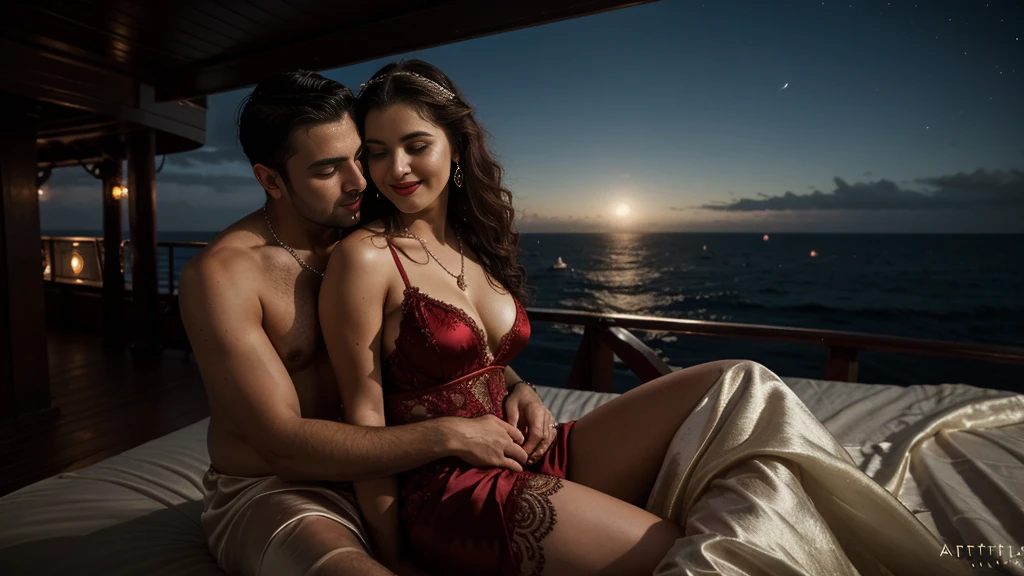 night scene from side view, sea view, night time, full body portrait, young muscular man grabbing vedhika from behind who is wearing a satin full length lace border bridal nighty with a satin robe, hugging a man, both laying a bed, romantic environment, big cheeks, woman is wearing satin nighty man is shirtless, hourglass figure, deep cleavage, romancing each other in a ship deck in sea, showing armpits, red lips, necklace, sultry, look at viewer and smile, (cinematic:1.3), intricate details, (ArtStation:1.2)