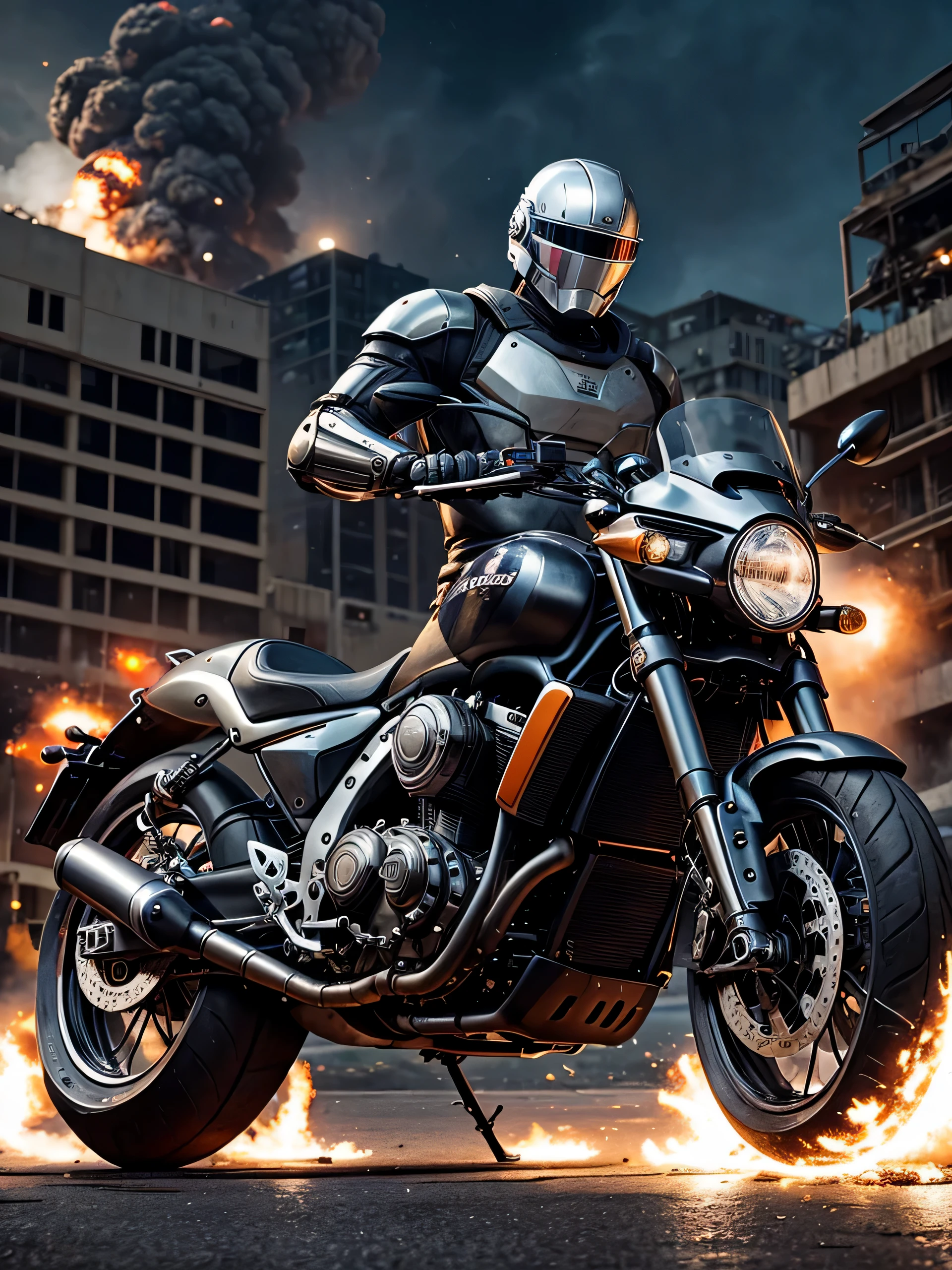 explosions, roupas brancas, capacete completo com viseira , terminador cromado branco como robocop como ciborgue, com arma grande, rebites, an oil painting, rebites, as cores neutras, Paulo Hedley , feliz, action movie poster, belas artes. royo. Vista completa. o carro dominou. dark gray back. noite. andando. big explosions.