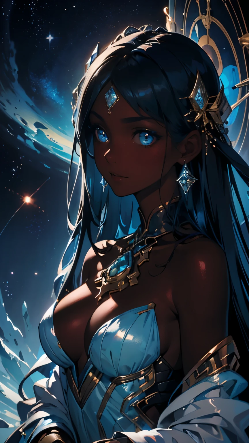 Pino Daeni, (1golden holographic clock), ((beautiful black Ethiopian woman )) clear defined facial features, soft black hair, vivid electric colors, stunning brown eyes, attractive hourglass figure, wearing an elegant fitted blue sheer dress, celestial, astrotraveler, painted illustrations, flare, sparkling stars in a blue galaxy, twilight, ornate masterpiece, Korean comic realism, dream, cinematic, crystallography by Friedrich Haag, medium camera shot, high angle, tessellation by Maurits Cornelis Escher, zodiak, intricate details, depth of field, by Kay Nielsen, Diane Dillon, Julie de Graag, vibrant night sky colors, natural light, 16K, best qualit