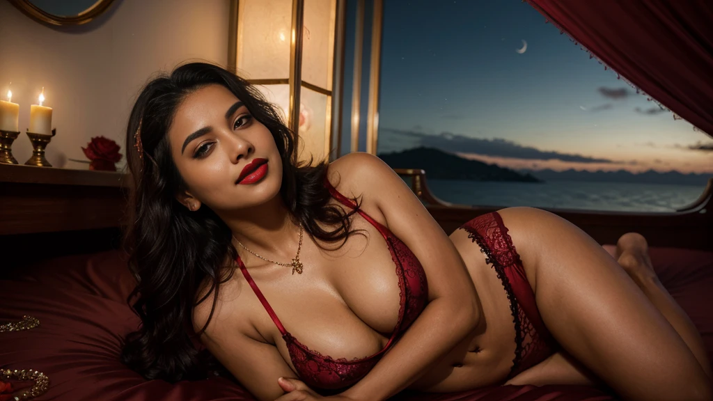 night scene, sea view, night time, Indian woman laying on a satin bed sheet in bridal red lingerie with embroidery, wearing a satin robe with lace border over it, bed is decorated with rose petals and golden satin bed sheet, hourglass figure, deep cleavage, romancing each other in a ship deck in sea, showing armpits, red lips, necklace, sultry, look at viewer and smile, (cinematic:1.3), intricate details, (ArtStation:1.2)