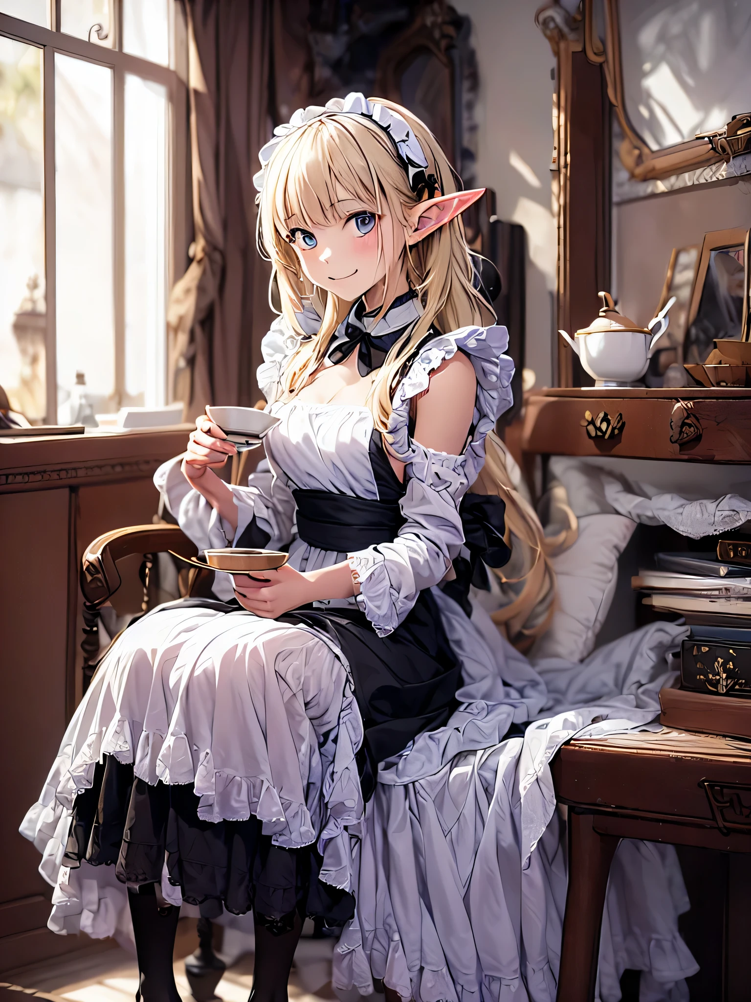 elf girl solo, smiling gentry,  silver blonde twintail hair, black long maid dress, She is drinking tea in an antique teacup