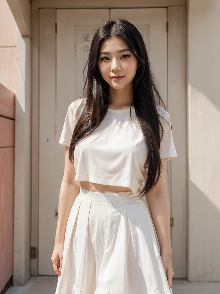 It's a long woman., flowing black hair, gentle eyes, pink lips, Red cheeks, Long eyelashes, The face is smiling, beautiful Asian style.. Wear a white skirt. stand and watch