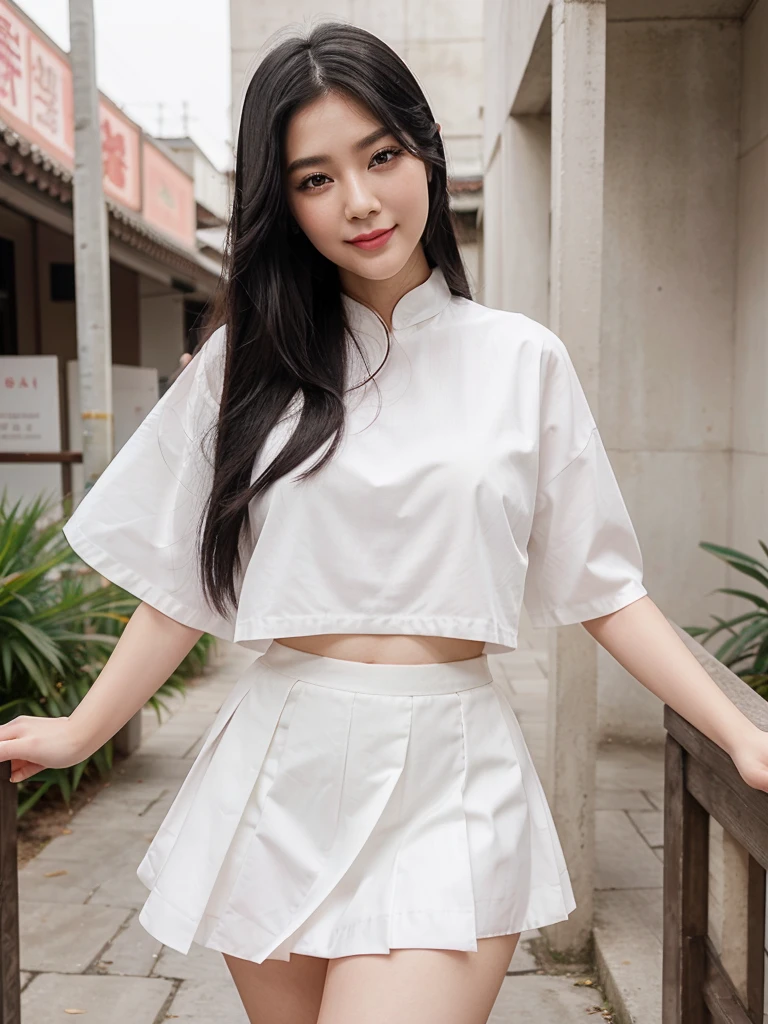 It's a long woman., flowing black hair, gentle eyes, pink lips, Red cheeks, Long eyelashes, The face is smiling, beautiful Asian style.. Wear a white skirt. stand and watch
