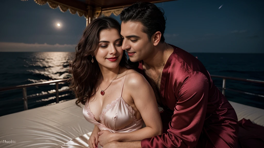 night scene from side view, sea view, night time, full body portrait, young muscular man grabbing vedhika from behind who is wearing a satin full length lace border dark pink bridal nighty with a satin robe, hugging a man, both laying a bed, romantic environment, big cheeks, woman is wearing satin nighty man is shirtless, hourglass figure, deep cleavage, romancing each other in a ship deck in sea, showing armpits, red lips, necklace, sultry, look at viewer and smile, (cinematic:1.3), intricate details, (ArtStation:1.2)