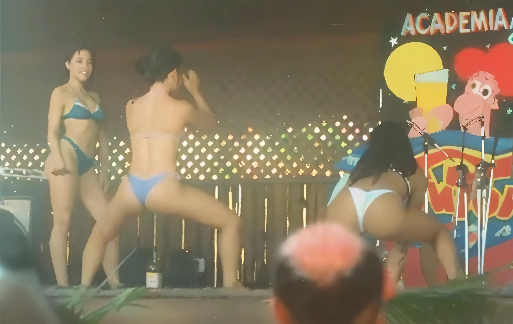 There's a woman in a Brazilian thong bikini, on stage dancing at the mouth of the bottle, outros dois olhando. 1996, 1996, 1980s, in bikini, Posando!!, other women dancing behind, in bikini, wearing spandex bikinis, 1996 decade., on stage dancing at the mouth of the bottle, outros dois olhando. 1996, 1996, 1980s, in bikini, Posando!!, other women dancing behind, in bikini, wearing spandex bikinis, 1996 decade. Posando!!, other women dancing behind, in bikini, wearing spandex bikinis, 1996 decade. Uma mulher com pele branca e cabelos escuros. Ela tem vinte e nove anos. Seu vermelho, slightly plump lips are like a delicate flower, e ela grande, olhos encantadores parecem conter um mundo de maravilhas. Your body exudes glamor and your face is the definition of beauty. Pernas bem torneadas. altamente realista, pele avermelhada, linda sensual, smiling lips, feeling of lightness and joy, pele muito elaborada, olhar direto, foto de alta qualidade, High resolution, 8k. foto realista, obra de arte.