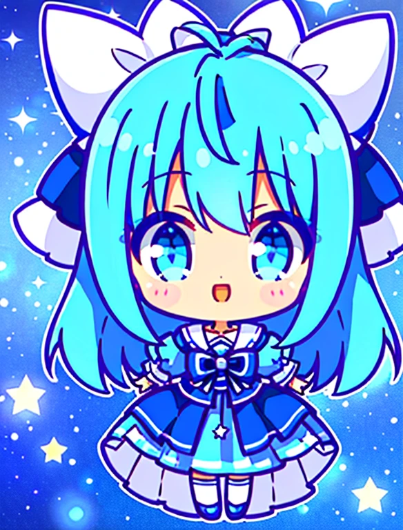 masterpiece, Best quality, movie yet, 1 girl,Girl angel with blue hair and blue eyes with stars and bows on her head, close-up, Bright, Happy, Warm soft lighting.