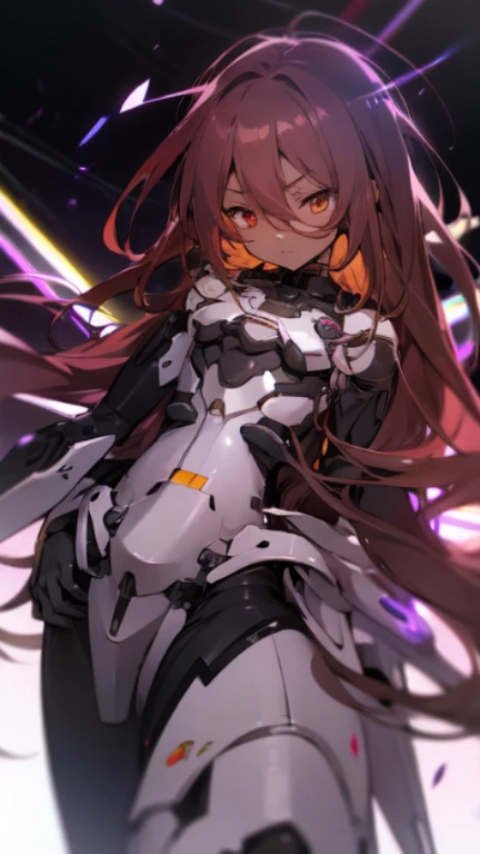 (Mecha musume),Masterpiece, Top quality, high resolution, highres, 8k, best quality, child, 1 male, shota, cute, innocent, ((dark skin)),  otokonoko, red eye's, dark brown hair very long hair in a side-swept style smooth, wearing an a black exosuit bodysuit, black gaunlets, cute artstyle, stand still, close up, mecha armour attachment, (deus ex machina armour) (no game no life)