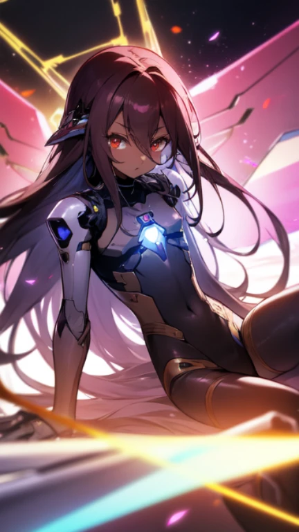 (Mecha musume),Masterpiece, Top quality, high resolution, highres, 8k, best quality, child, 1 male, shota, cute, innocent, ((dark skin)),  otokonoko, red eye's, dark brown hair very long hair in a side-swept style smooth, wearing an a black exosuit bodysuit, black gaunlets, cute artstyle, stand still, close up, mecha armour attachment, (deus ex machina armour) (no game no life)