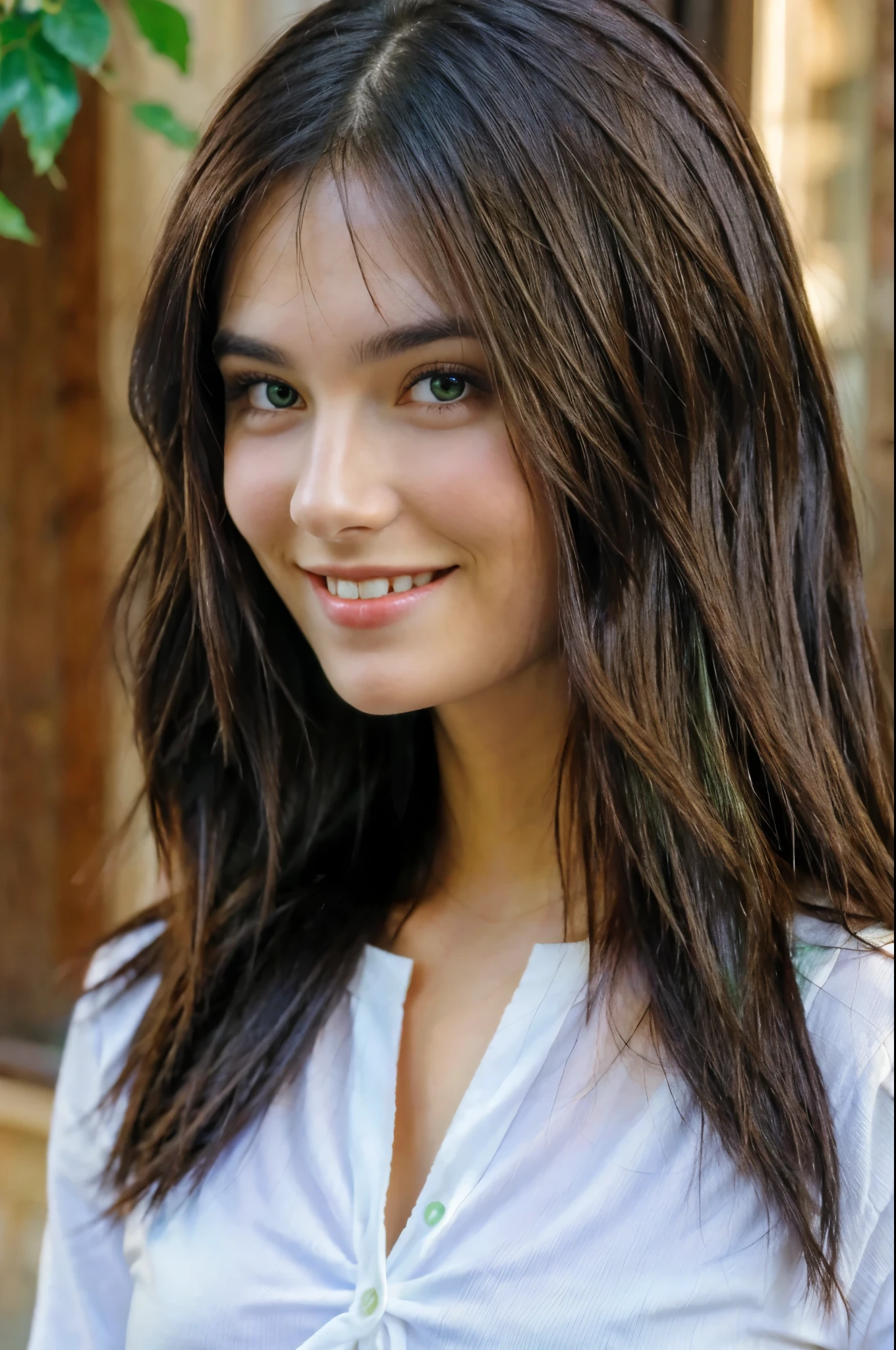 Beautiful brunette smiling, green eyes, long hair, front face