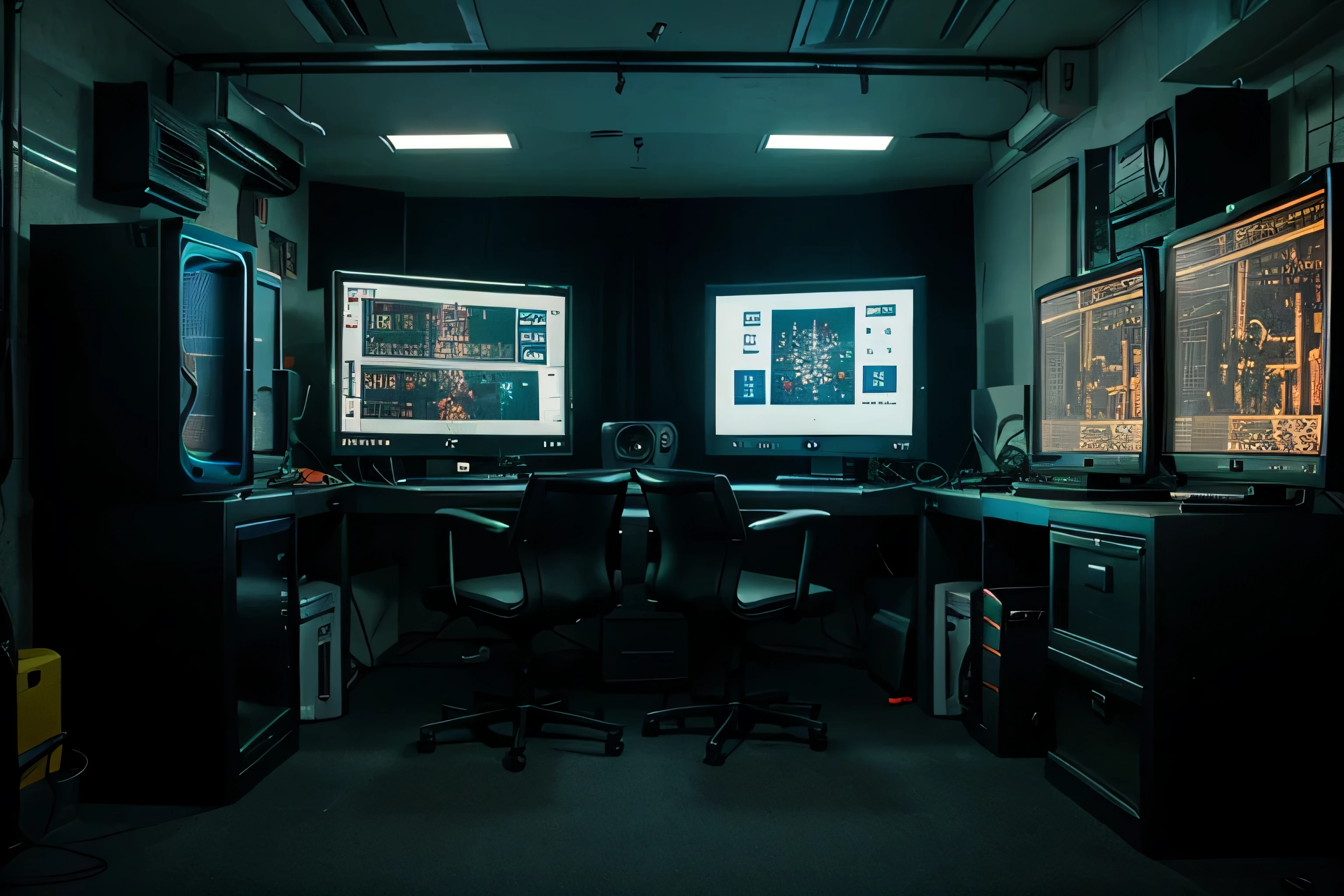 room with several realistic computers in cyberpunk style 