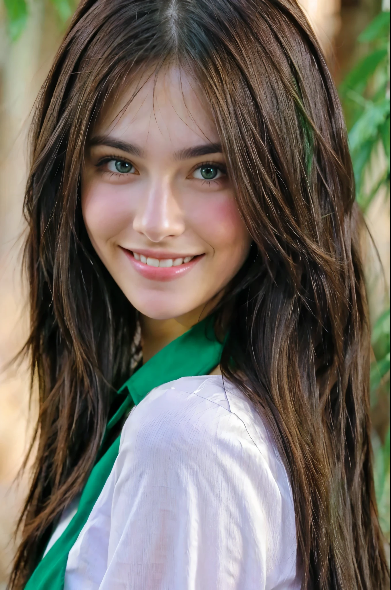 Beautiful brunette smiling, green eyes, long hair, front face
