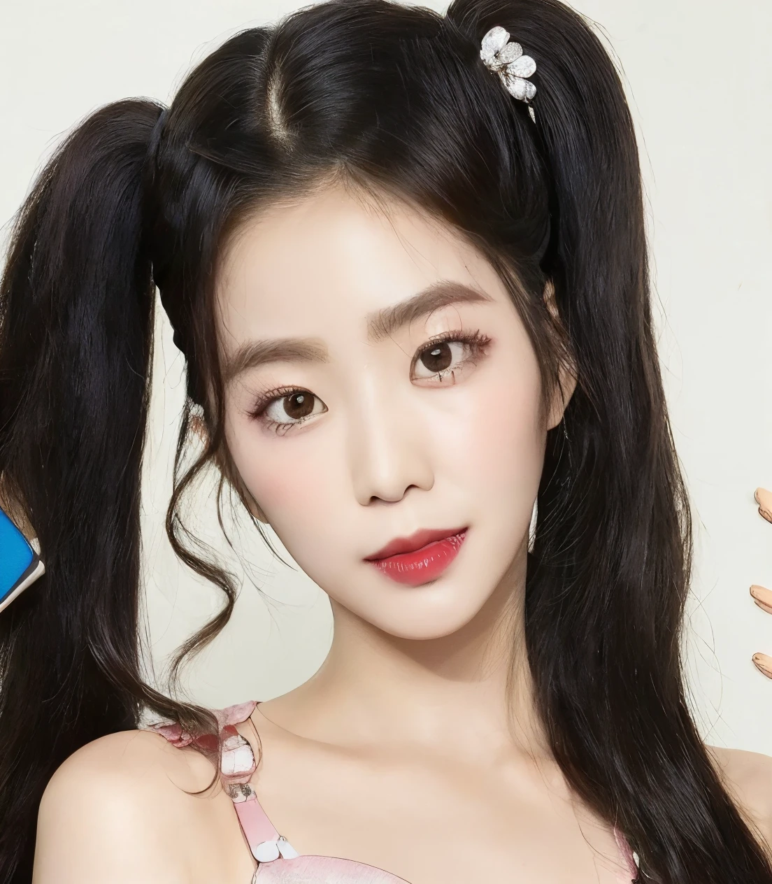 a close up of a woman with a cell phone in her hand, maquiagem sul-coreana popular, Lalisa Manobal, penteado pigtails, portrait of jossi do blackpink, maquiagem coreana popular, with black braids, two penteado pigtails, jennie blackpink, jossi do blackpink, jaeyeon nam, retrato de jisoo blackpink, adorable and pale korean face, estacionar a partir de-min