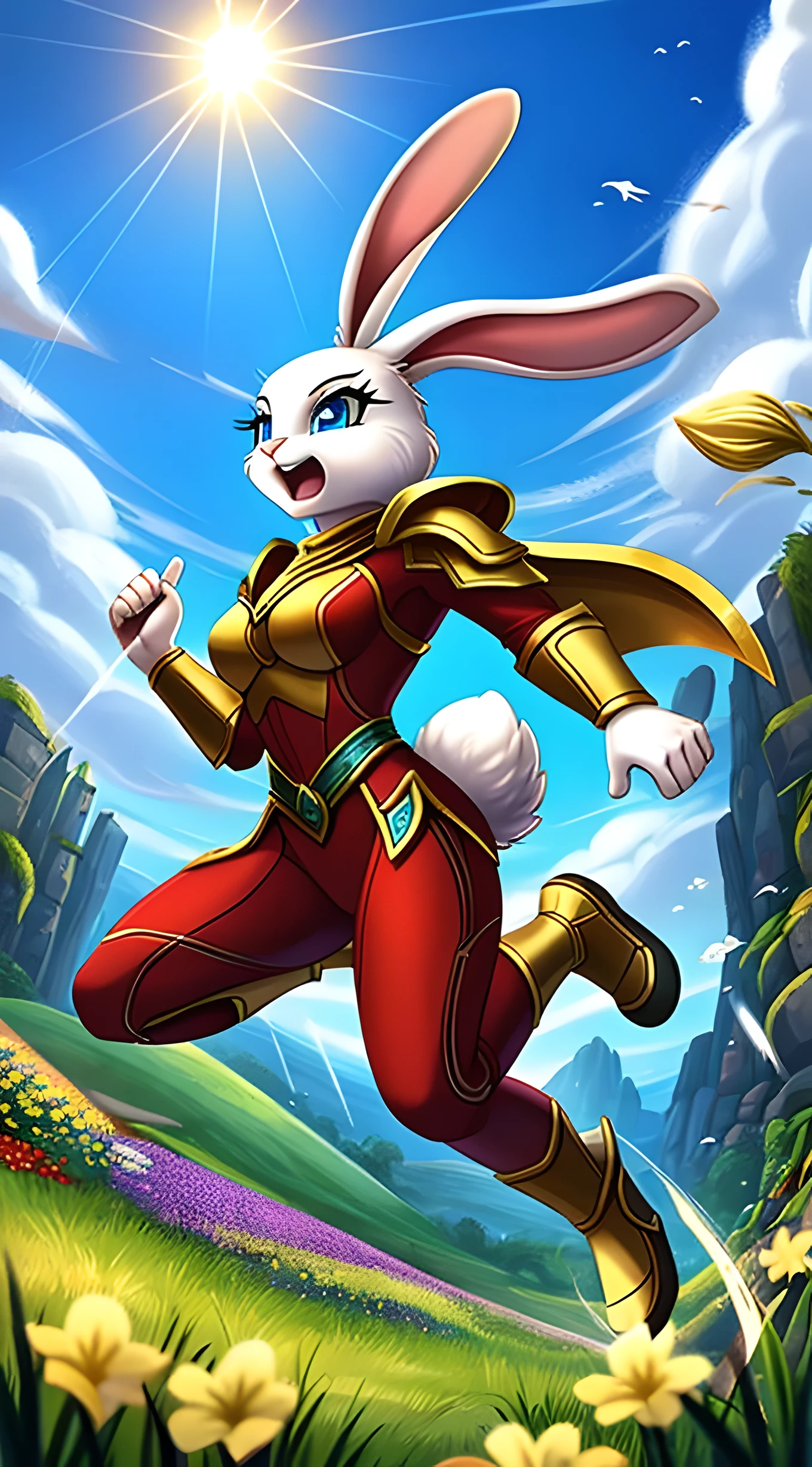 zoomed out image, fantasy style art, a shapely female white bunny with blue eyes, poofy rabbit tail, long eyelashes, heroic look, shouting, wearing a fantasy style suit of golden armor and a red undersuit, swinging a fantasy golden sword, action pose, stunning visuals, in a grassy valley with colorful flowers, sunny day, digital illustration