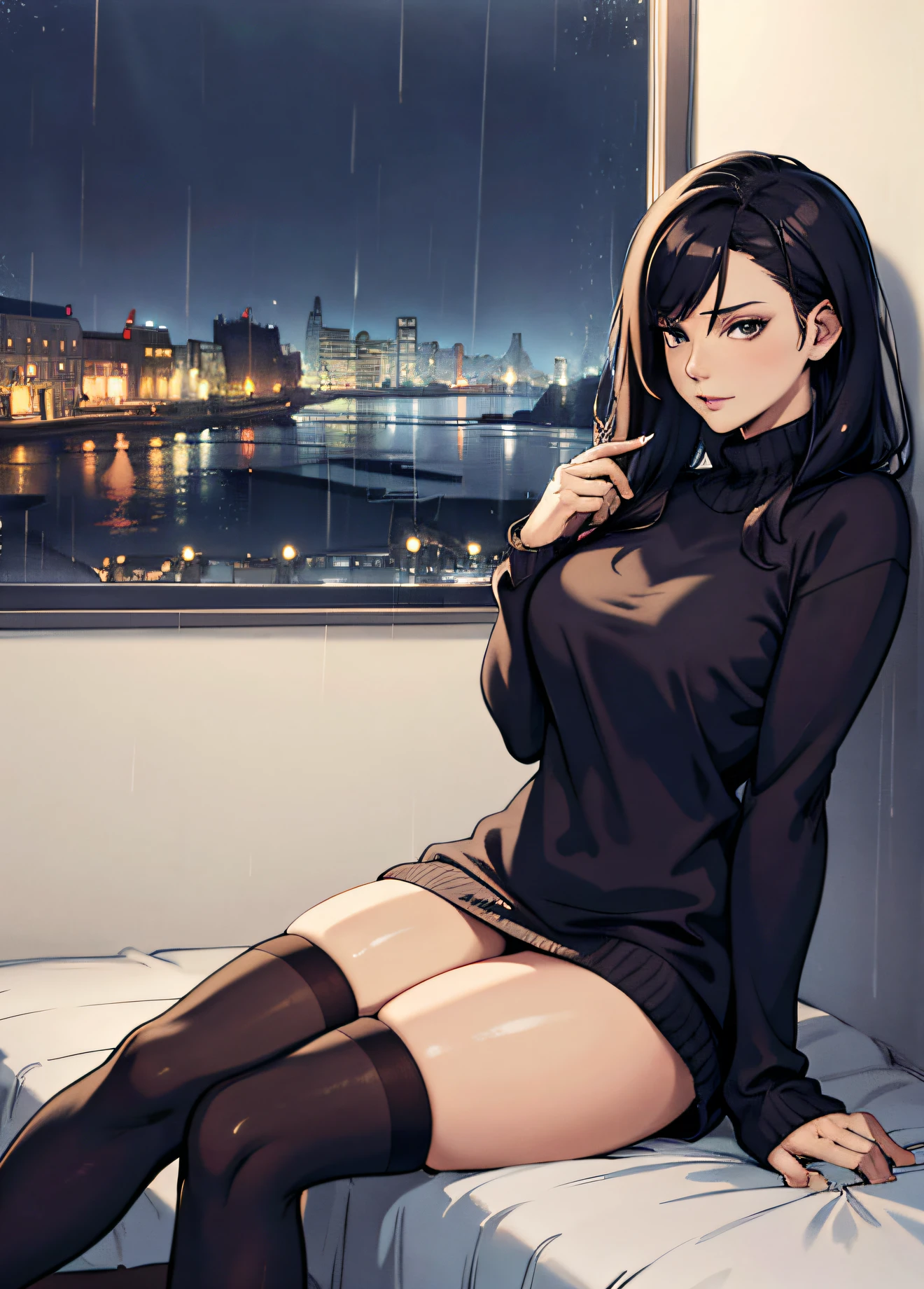 masterpiece, best quality, 8k, artstation, wallpaper, official art, splash art, sharp focus, beautiful woman, wearing comfy clothes. sitting by window, looking out window, at night. rainy night. ((in cozy bedroom)), (solo)