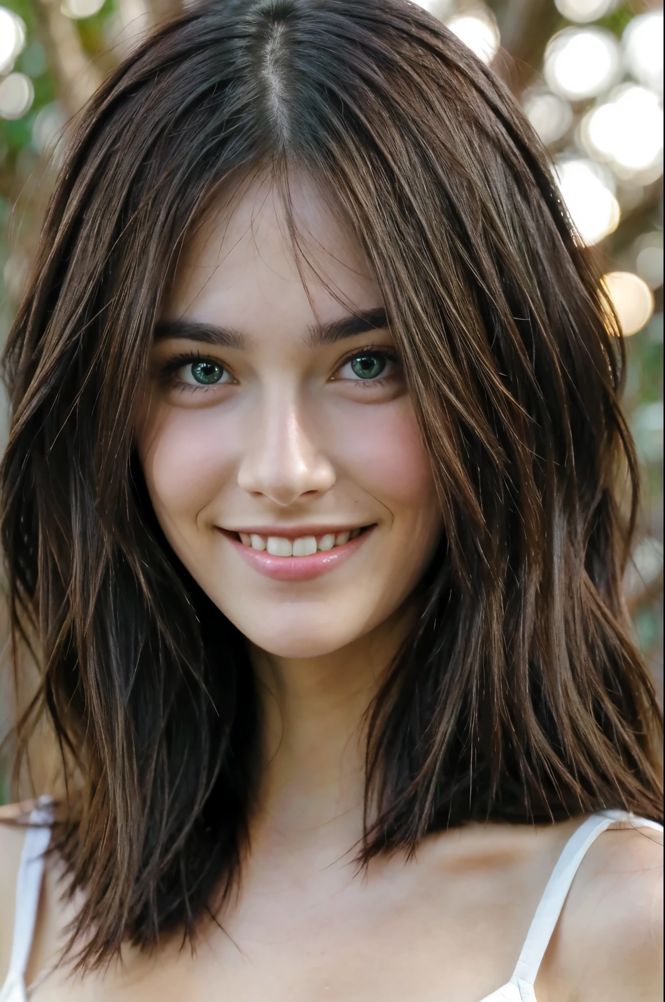Beautiful brunette smiling, green eyes, long hair, front face